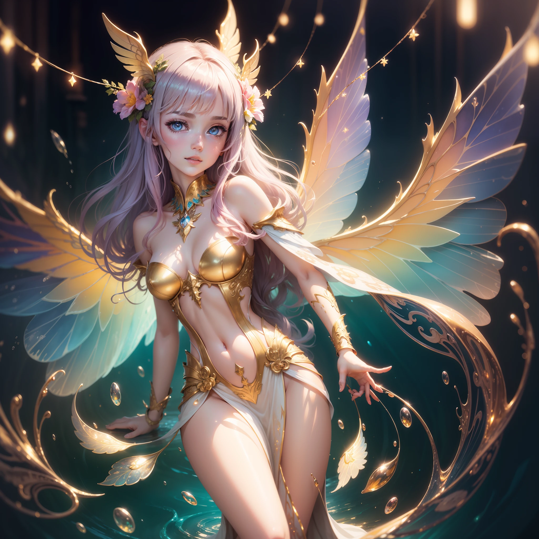 masterpiece, best quality, sharp focus, 8k, intricately detailed environment, anime, watercolor illustration, colorful, bright colors, whimsical, glowing lights, liquid otherworldly, fairy lights, beautiful girl in flowing liquid glowing dress, perfect face, golden ratio, sparkling eyes, watercolor, liquid light, angel wings