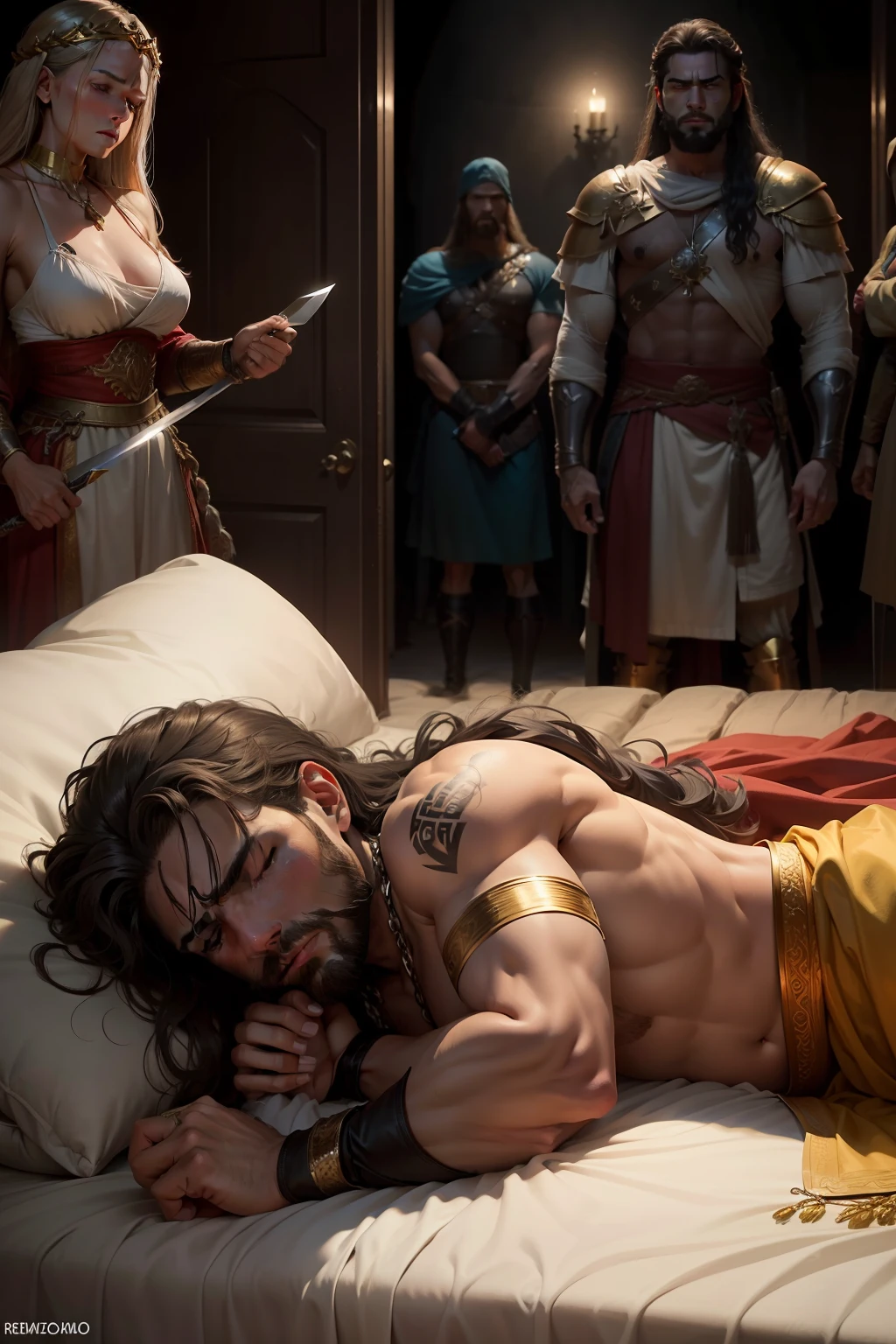 /imagem de prompt (alta resolução, renderizado, melhor qualidade) Samson falls asleep in bed, in the arms of Delilah and the enemy soldiers are in the same room armed with swords and daggers