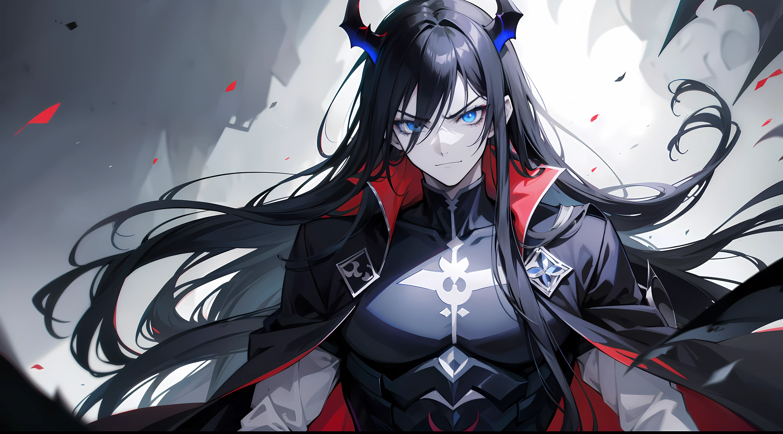 Anime men character, long black hair, villain, "smirk on face", angry looking brows, psychopath, B&W filter, manga style, blue glow eyes, demon lord, hall, sadist