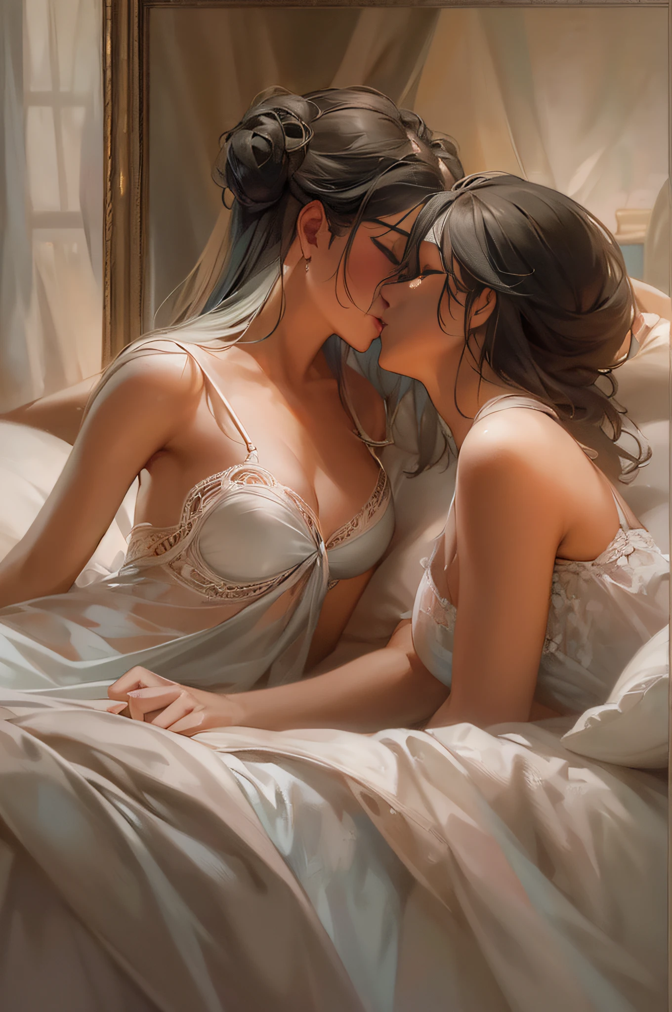 A detailed portrayal of two women entwined in a deep kiss upon a bed, dressed in delicate nightwear that hints at their femininity. The room around them exudes an air of comfort and sensuality, with plush pillows and draped curtains. Their eyes remain open, gazing intently at each other, revealing a mix of passion and tenderness. The atmosphere is charged with an underlying emotion, a mix of desire and a profound connection. This moment is to be captured in a style reminiscent of classic romance paintings, where every brushstroke emphasizes their emotions and the tactile nature of the scene, 2girls