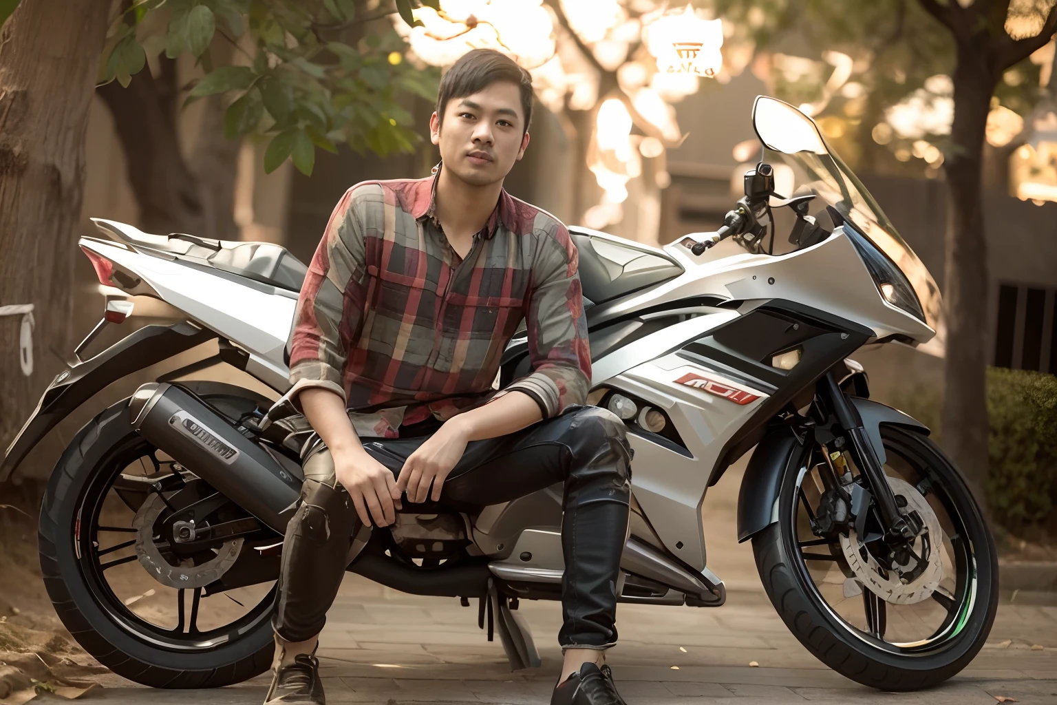 Change background , bike , cyberpunk handsome boy, realistic face, ultra realistic