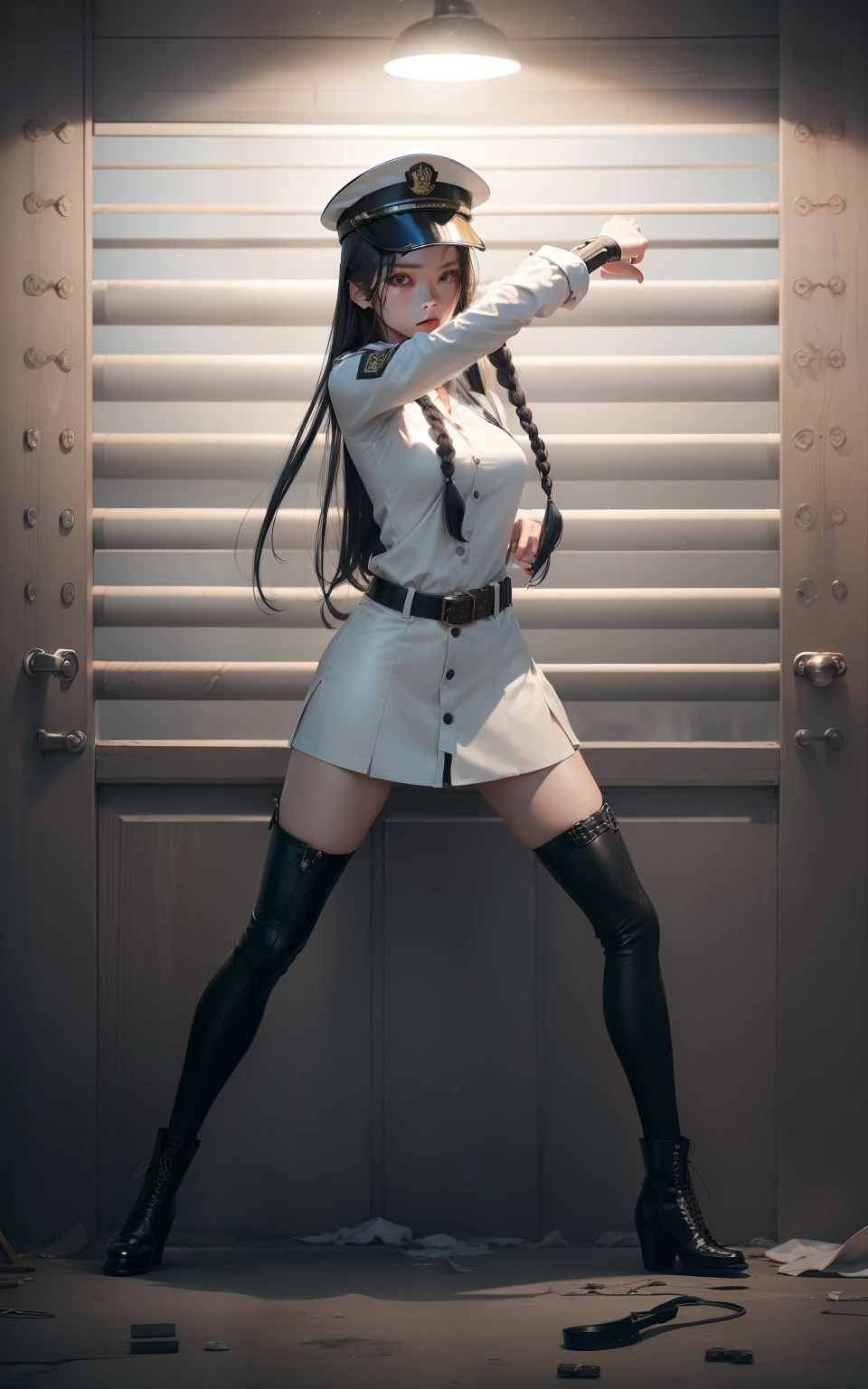 ((top-quality、in 8K、masterpiece:1.3))、1Man Woman、(The long-haired、The right side is partially bundled.)、Cardigan:1.1、realisitic、realisticlying、Beautiful hanging eyes、二重まぶた、realisitic、realisticlying、a miniskirt、A tall、frosty appearance、slender but slightly fleshy legs,,,,,,,,,,、slightly bulging chest、Military Cap、Braided boots that go above the knee(High heel)、Black leather belt、A detailed face、all around 20 years old、In the background is written a number measuring the height.、Hats and costumes are white、Mature, but young and beautiful face