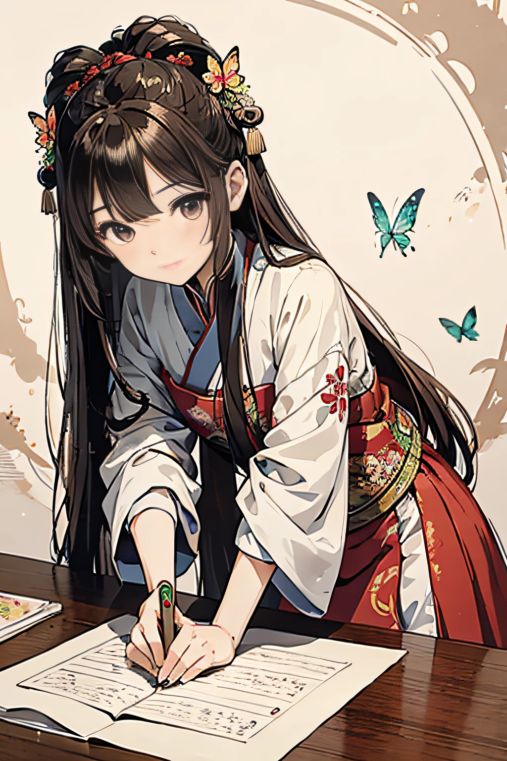 A high resolution，ultra - detailed，handpainted，Simple lines，16 year old girl wearing colorful Chinese dress，beuaty girl，long whitr hair，Brown hair，butterfly hair ornaments，She holds a jade pen in her hand and draws on rice paper，In front of her is the table，There is a piece of rice paper on the table，Jade pen，Paper