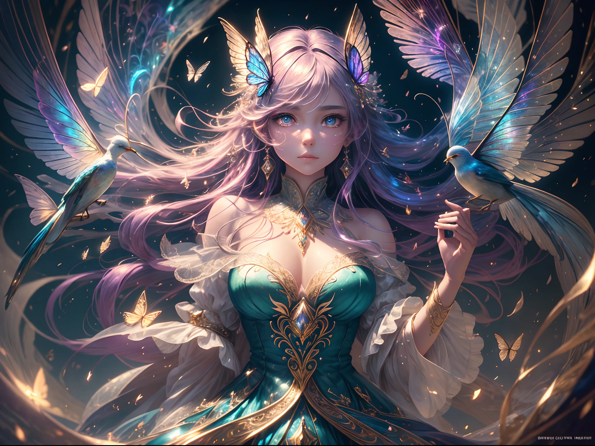(((masterpiece))), (((best quality))), ((ultra-detailed)),(highly detailed CG illustration), ((an extremely delicate and beautiful)),cinematic light, Create a stunning fantasy artwork that mimics the style of currently trending masters of the genre. The art piece should contain elements of both mythic fantasy and fairytale fantasy with colorful accents. The character in the artwork is a delicate but strong figure with an aura of mystery and magic. The character should be petite with subtle breasts. Pay close attention to intricate facial features, such as mesmerizing eyes with vibrant colors and delicate shading. The character's clothing should be designed with gossamer feathers, silk, stunning embroidery, and subtle iridescent details. Incorporate vibrant colors, dynamic lighting, and detailed background elements to create a sense of awe and immersion. Include colorful flying magical birds and jewel-toned butterflies radiating a magical aura. Consider the latest trends in fantasy art, such as incorporating unique lighting effects, exploring dynamic and compelling composition techniques, and experimenting with unique color palettes. Take inspiration from the top artists on ArtStation and Midjourney. Camera: Choose an angle that highlights the character's beauty and enhances the magical majesty of the artwork. Lighting: Utilize atmospheric lighting techniques to create depth and mood. Resolution: Aim for a high-resolution artwork to showcase intricate details and clarity. Art Inspirations: Seek inspiration from the trending artists on ArtStation, exploring different styles, genres, and themes.