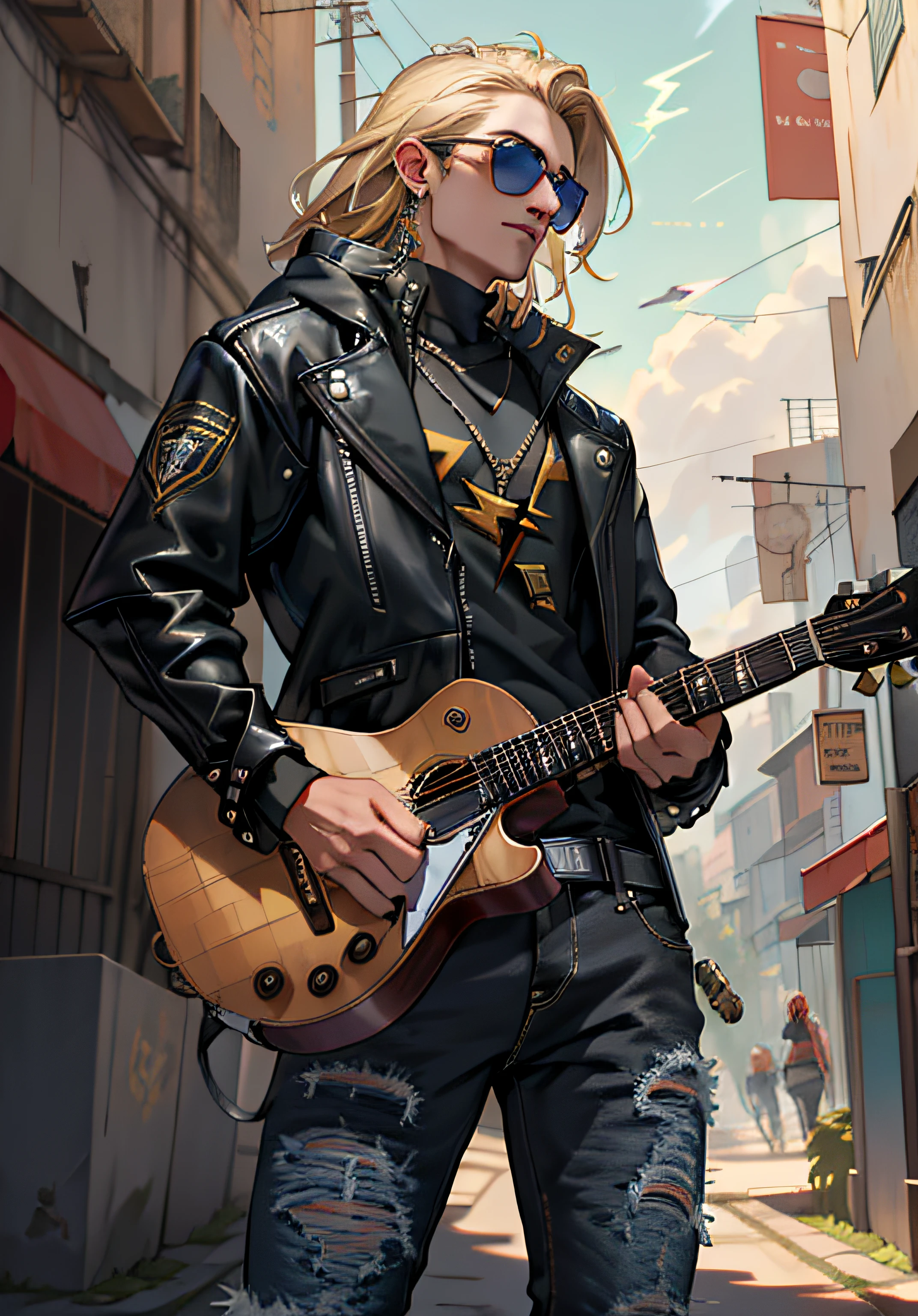 ((Melhore o rosto)), ((piece of master, obra prima, melhor qualidade)), ultra detalhado 8k, Absurdo, 1 Odin masculino, Solo wearing a studded motorcycle jacket and black jeans, (Posar: Korn), with sunglasses,, raios ao redor de si, thunders, thunders , cabelo blond, cabelo longo, roupas pretas, vestes pretas, Nebula and smoke, Pano preto, both hands together holding a lightning bolt, a thunderclap, tempo fechado, tempo nublado, Tempo escuro, Cidade, raios ao redor , com o planeta terra no fundo, cigarro na boca,  ((with guitar in hand))