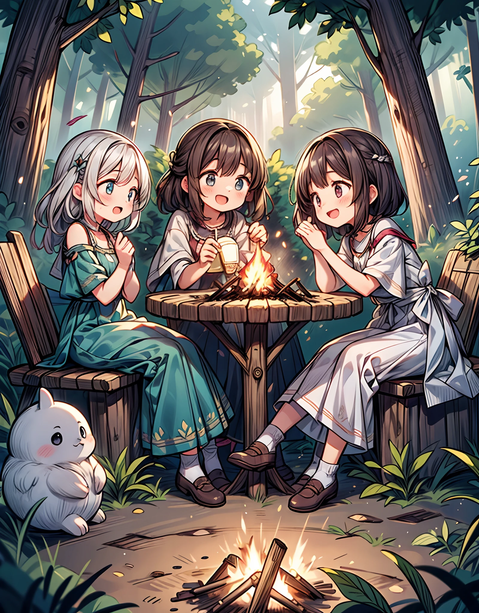 Four young women, their laughter echoing in the air, gather around a cozy campfire on a starlit night. They sit on logs, their faces illuminated by the warm crackling flames, their eyes shining with camaraderie and shared stories. The surrounding woods embrace them, with towering trees and a sense of serenity. The atmosphere is one of carefree joy and deep friendship. Capture this scene using a whimsical illustration style, emphasizing the interplay of light and shadows against the natural backdrop.