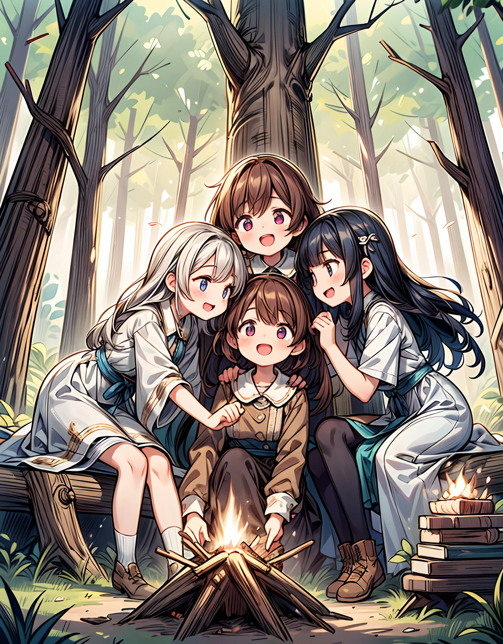 Four young women, their laughter echoing in the air, gather around a cozy campfire on a starlit night. They sit on logs, their faces illuminated by the warm crackling flames, their eyes shining with camaraderie and shared stories. The surrounding woods embrace them, with towering trees and a sense of serenity. The atmosphere is one of carefree joy and deep friendship. Capture this scene using a whimsical illustration style, emphasizing the interplay of light and shadows against the natural backdrop.