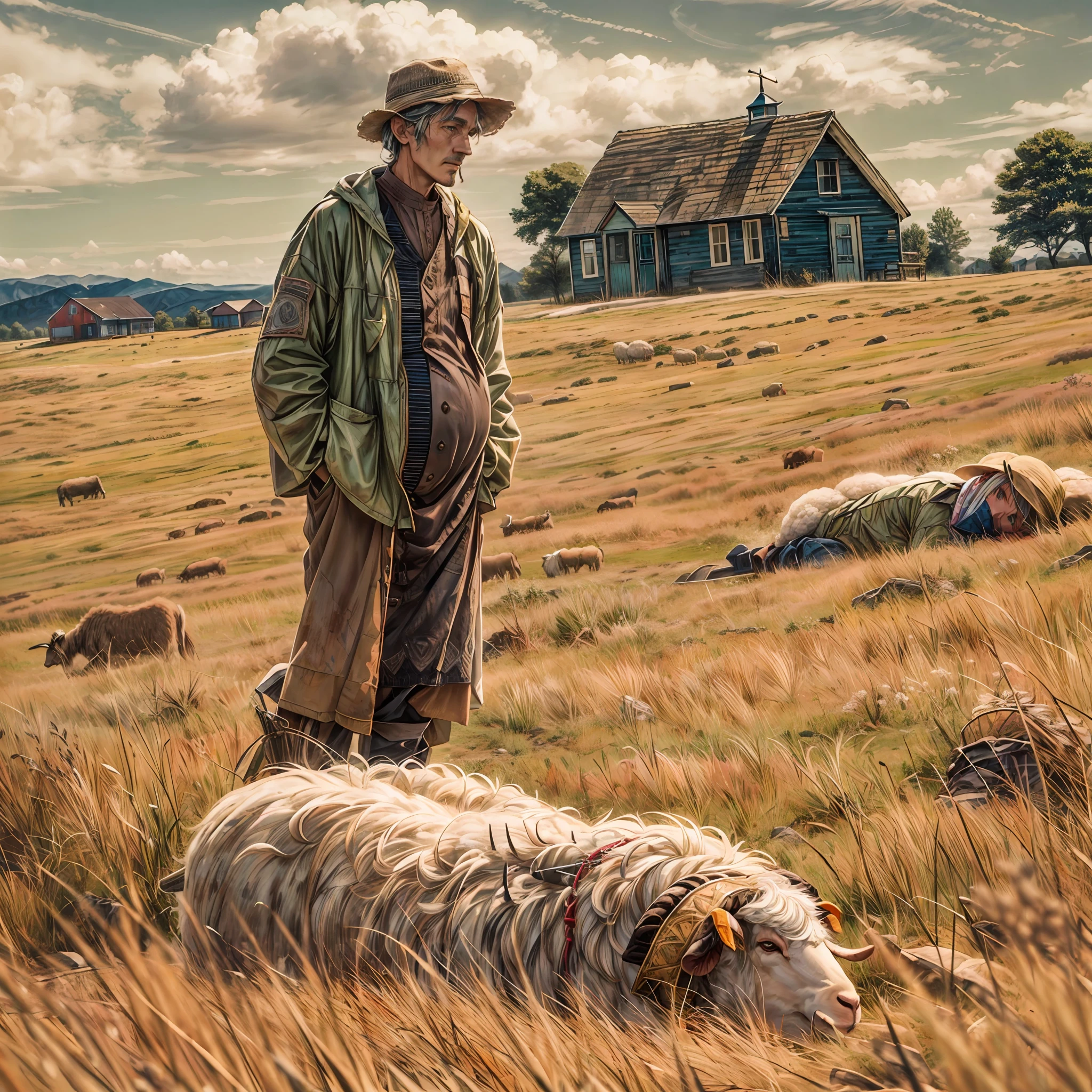 Hyperdetailed illustration, pastoral landscape, vivid imagery conveying a sense of isolation and loneliness, A ((pastoralist)) wanders his remote and desolate surroundings, (Shepard's crook), flaxen sky, ((bloated sheep laying)) in his field, desolation and decay, (tiny schoolhouse in the distance), PsyAI, BREAK
(At that time the sheep called to him From their wormy bellies, as they Lay bloating in the field. He was A pastoralist, The schoolhouse hardly handsize In a sky of flax.), PsyAI.