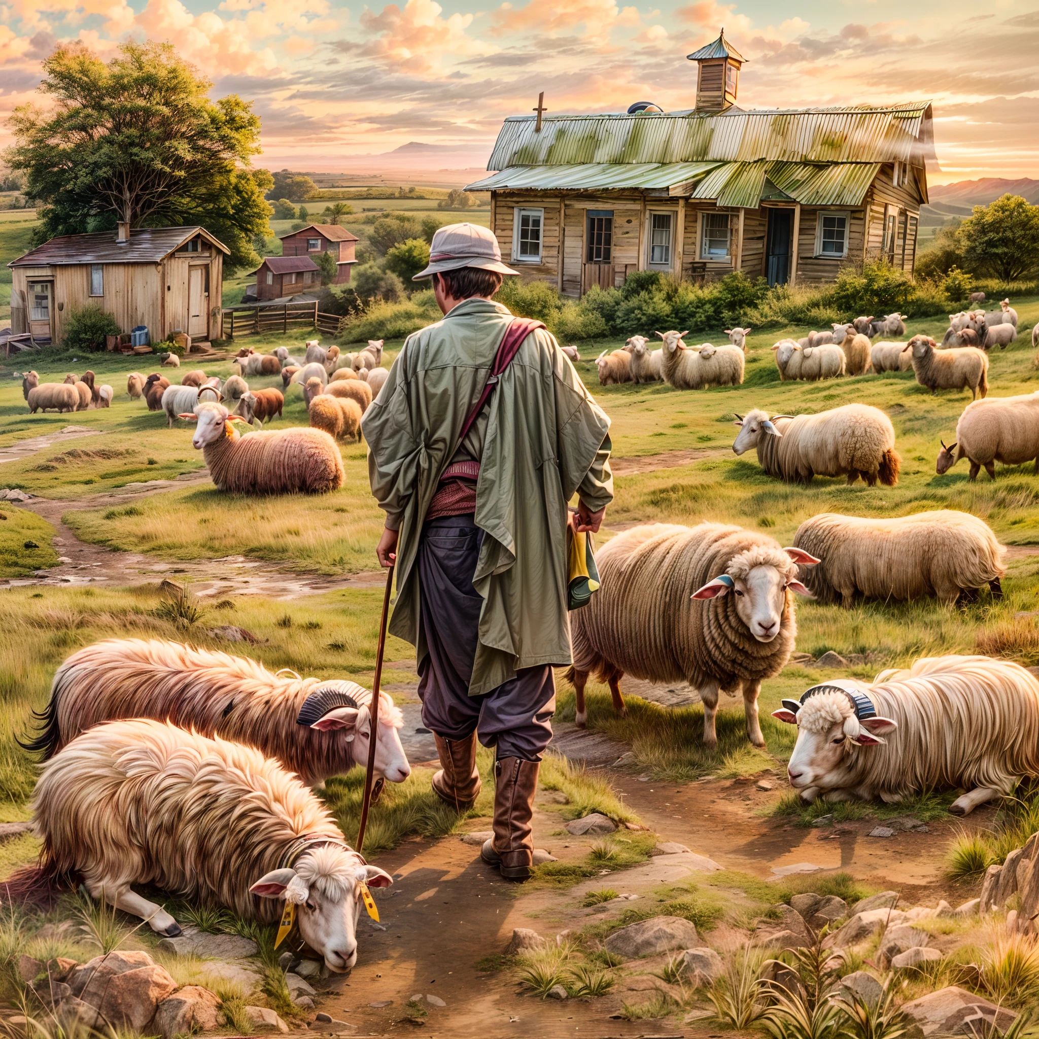 Hyperdetailed illustration, pastoral landscape, vivid imagery conveying a sense of isolation and loneliness, A ((pastoralist)) wanders his remote and desolate surroundings, (Shepard's crook), flaxen sky, ((bloated sheep laying)) in his field, desolation and decay, (tiny schoolhouse in the distance), PsyAI, BREAK
(At that time the sheep called to him From their wormy bellies, as they Lay bloating in the field. He was A pastoralist, The schoolhouse hardly handsize In a sky of flax.), PsyAI.