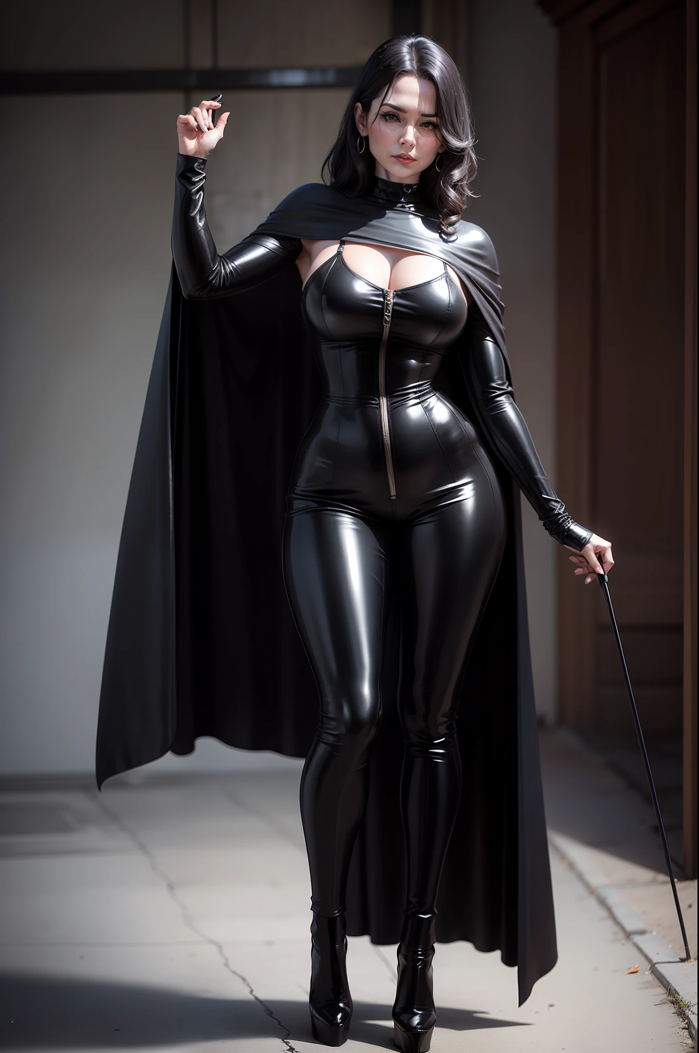 A middle-aged woman with fair skin, wearing a black latex jumpsuit and a black cape, standing on high heels.