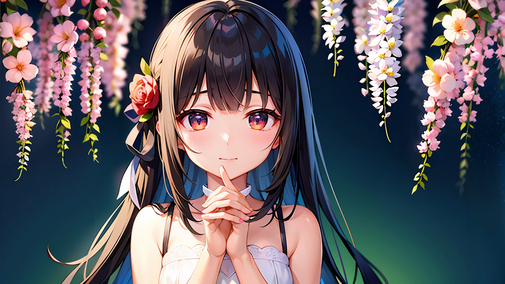 top-quality、超A high resolution、女の子 1 人、wedding dress、flower bouquet、cute little、Japanese ido、(attractiveness:1)、(Platinum Black Hair:1)、((Puffy eyes))、Looking for the observer side、full body Esbian、facing the front there