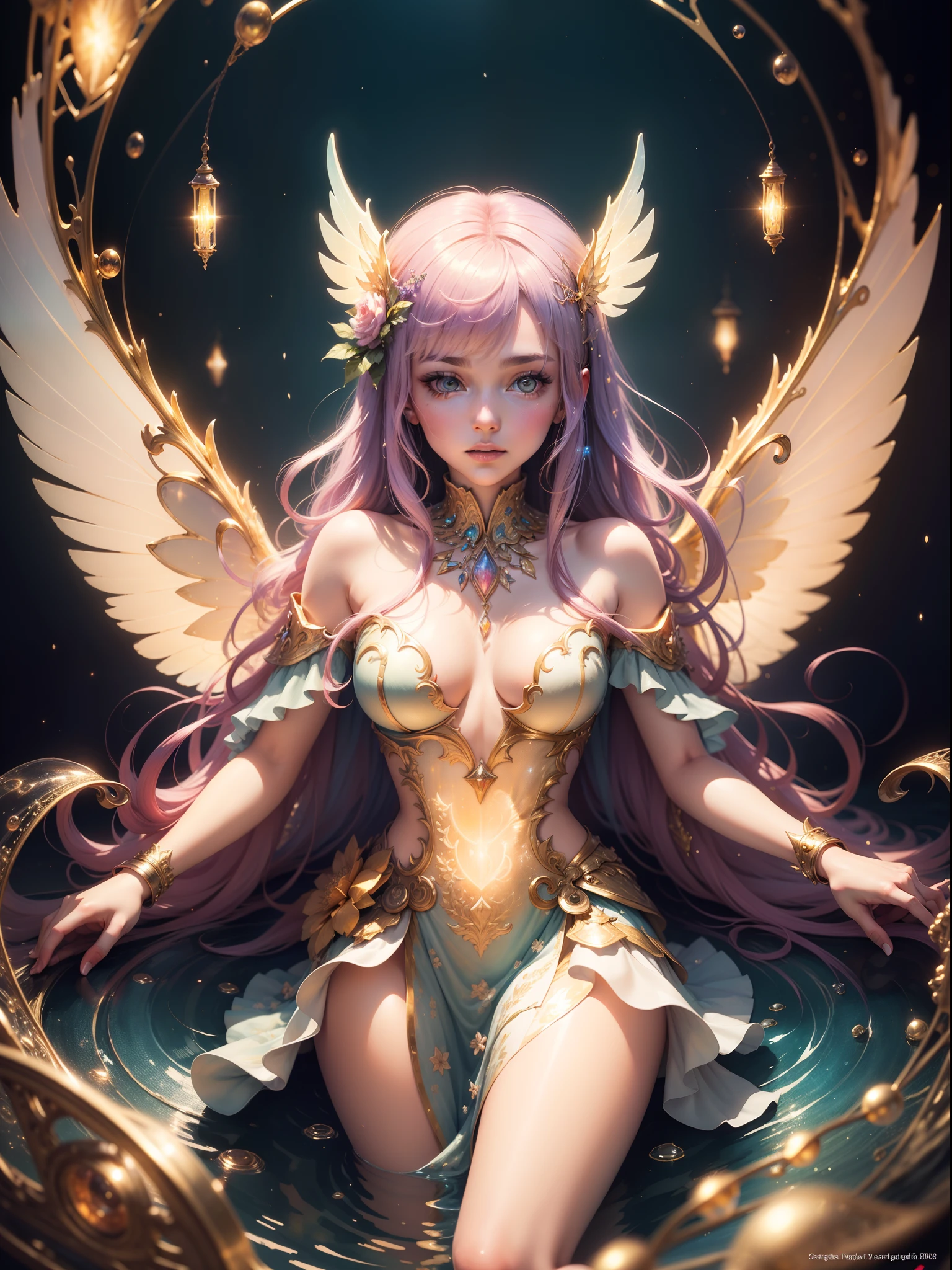 masterpiece, best quality, sharp focus, 8k, intricately detailed environment, anime, watercolor illustration, colorful, bright colors, whimsical, glowing lights, liquid otherworldly, fairy lights, beautiful girl in flowing liquid glowing dress, perfect face, golden ratio, sparkling eyes, watercolor, liquid light, angel wings