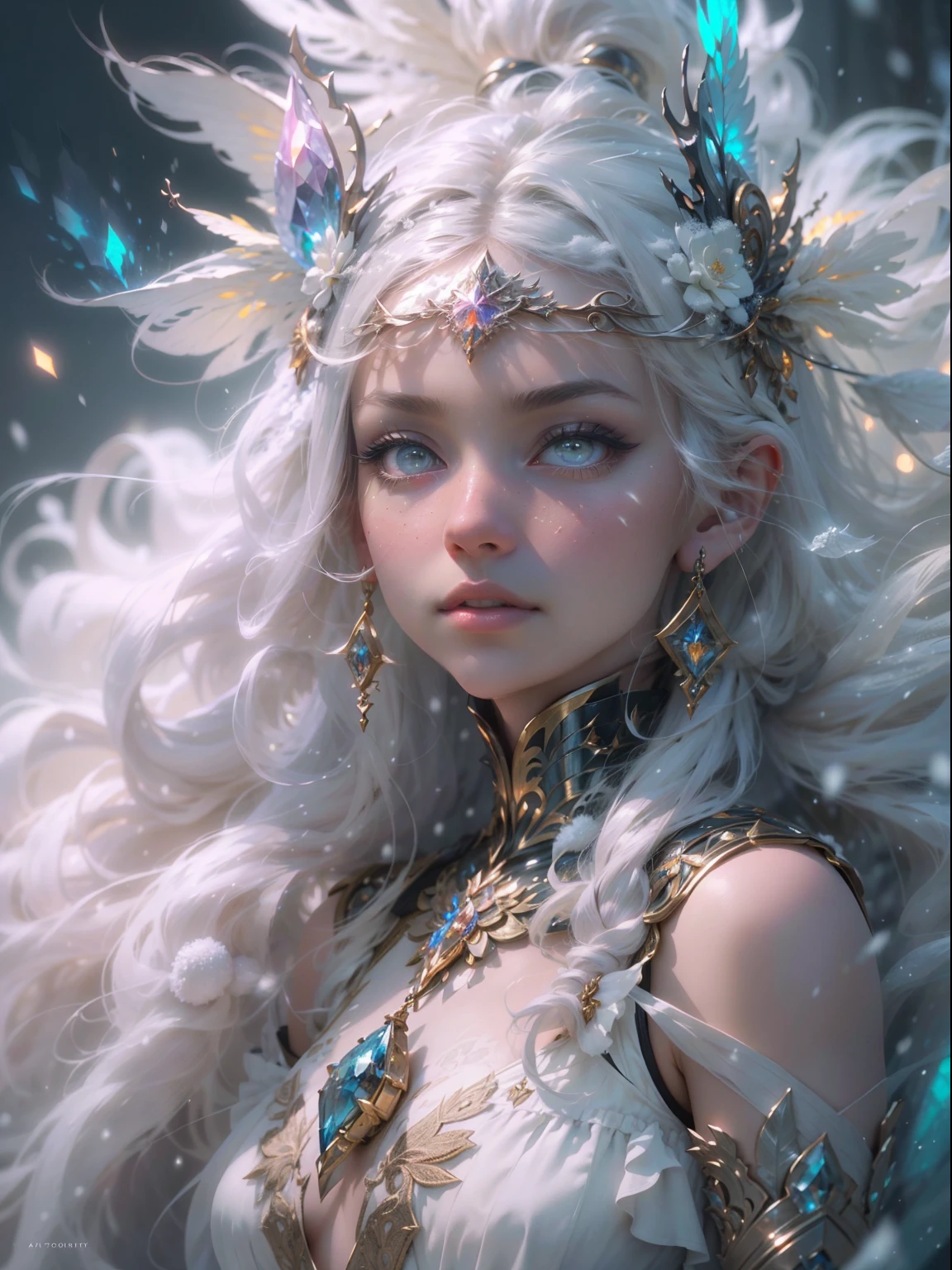 (((masterpiece))), (((best quality))), ((ultra-detailed)),(highly detailed CG illustration), ((an extremely delicate and beautiful)),cinematic lighting. This is a realistic fantasy artwork with contrasting colors and a very mysterious aura. Generate a pale woman with ((pure white skin)) and bold, colorful eyes. (((Her skin is whiter than snow - the whitest thing to ever exist))). Her face is extremely detailed with realistic shading and her eyes are extremely detailed with absurdly high resolution and bright, bold colors. She has soft, puffy lips. Include many fantasy details such as soft white feathers, beautiful French silk, delicate embroidery, snow, iridescence detailing, phantasmal iridescence detailing, and glitter. The character in the artwork is a delicate but strong petite figure with an aura of mystery and magic. The character's clothing should be designed with gossamer feathers, silk, stunning embroidery, and subtle iridescent details. Incorporate dreamy colors, dynamic lighting, and detailed background elements to create a sense of awe and immersion. Consider the latest trends in fantasy art, such as incorporating unique lighting effects, exploring dynamic and compelling composition techniques, and experimenting with unique color palettes. Take inspiration from the top artists on ArtStation and Midjourney. Camera: Choose an angle that highlights the character's beauty and enhances the magical majesty of the artwork. Lighting: Utilize atmospheric lighting techniques to create depth and mood. Resolution: Aim for a high-resolution artwork to showcase intricate details and clarity. Art Inspirations: Seek inspiration from the trending artists on ArtStation, exploring different styles, genres, and themes.