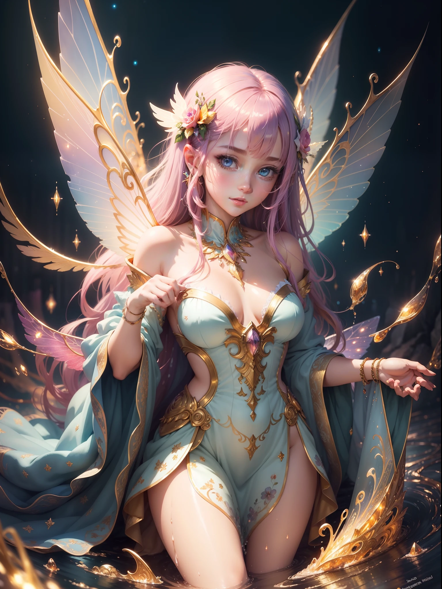 masterpiece, best quality, sharp focus, 8k, intricately detailed environment, anime, watercolor illustration, colorful, bright colors, whimsical, glowing lights, liquid otherworldly, fairy lights, beautiful girl in flowing liquid glowing dress, perfect face, golden ratio, sparkling eyes, watercolor, liquid light, angel wings