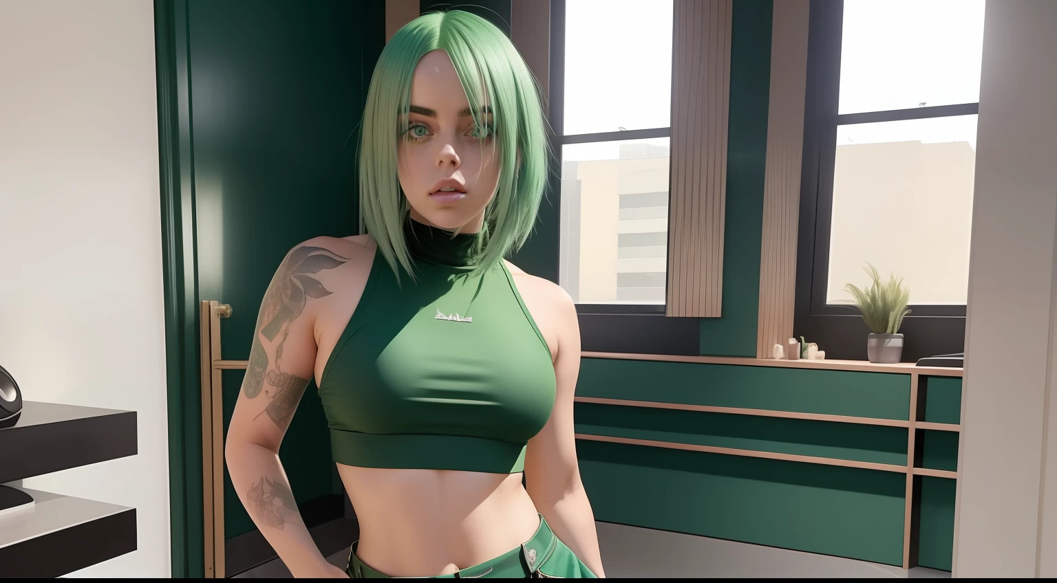 Billie Eilish, with her striking green hair, confidently strikes a sexy pose while rocking a stylish tan crop top and a matching green mini skirt.