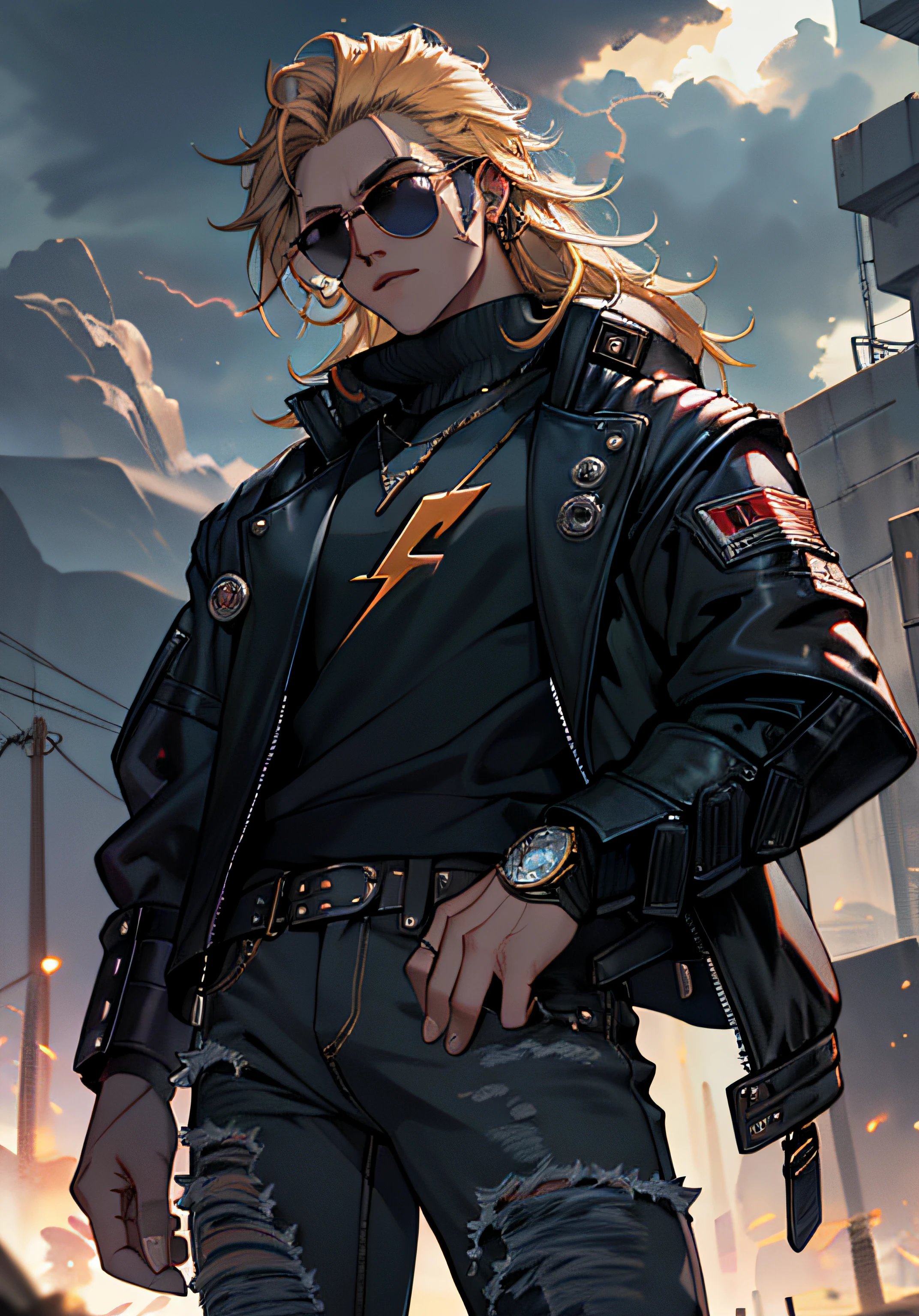((Melhore o rosto)), ((piece of master, obra prima, melhor qualidade)), ultra detalhado 8k, Absurdo, 1 Odin masculino, Solo wearing a studded motorcycle jacket and black jeans, (Posar: Metallica), with sunglasses,, raios ao redor de si, thunders, thunders , cabelo blond, cabelo longo, roupas pretas, vestes pretas, Nebula and smoke, Pano preto, both hands together holding a lightning bolt, a thunderclap, tempo fechado, tempo nublado, Tempo escuro, Cidade, raios ao redor , com o planeta terra no fundo, and lightning in the hand, With guitar in the mother