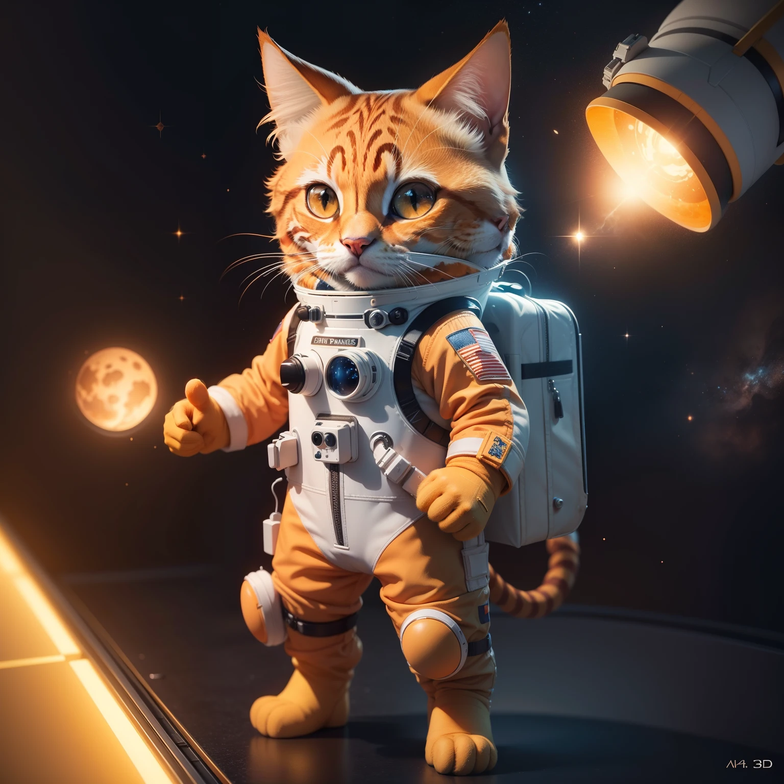 There's an orange cat in a space suit, Digital painting nice, Cute 3D rendering, Sympathetic Detailed Digital Art, bela arte digital, gato astronauta, Sympathetic cartoon characters, renderizar estilizado, arte de personagem renderizando arte de personagem 8k, renderizar arte digital, majo! c4d, fundo branco