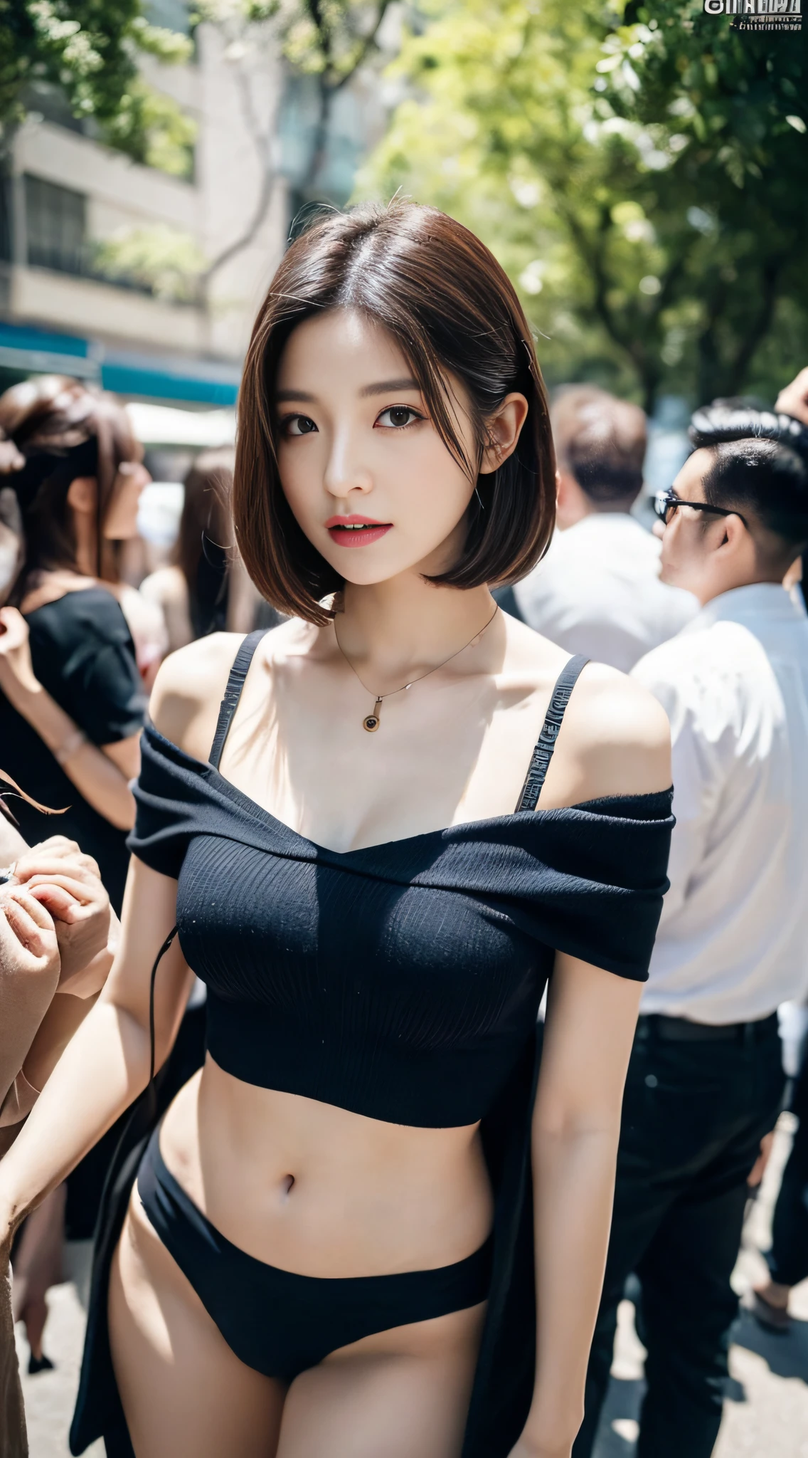 The 8k quality、Top image quality、超A high resolution、masterpiece、Photorealsitic、1 girl in、tense look、Trendy makeup、bob cuts、(off shoulder shirt、Clothes that fit the body)、Cecessy、ciinematic light、The protagonist、the chaos、Super Slender、g-cup、(Do not wear underwear)、in a crowd of people、Number of people who are about to be crushed、Dynamism、a necklace、Beginning of the story、Magazine covers、Focus only on the main character、The best looks in the world、