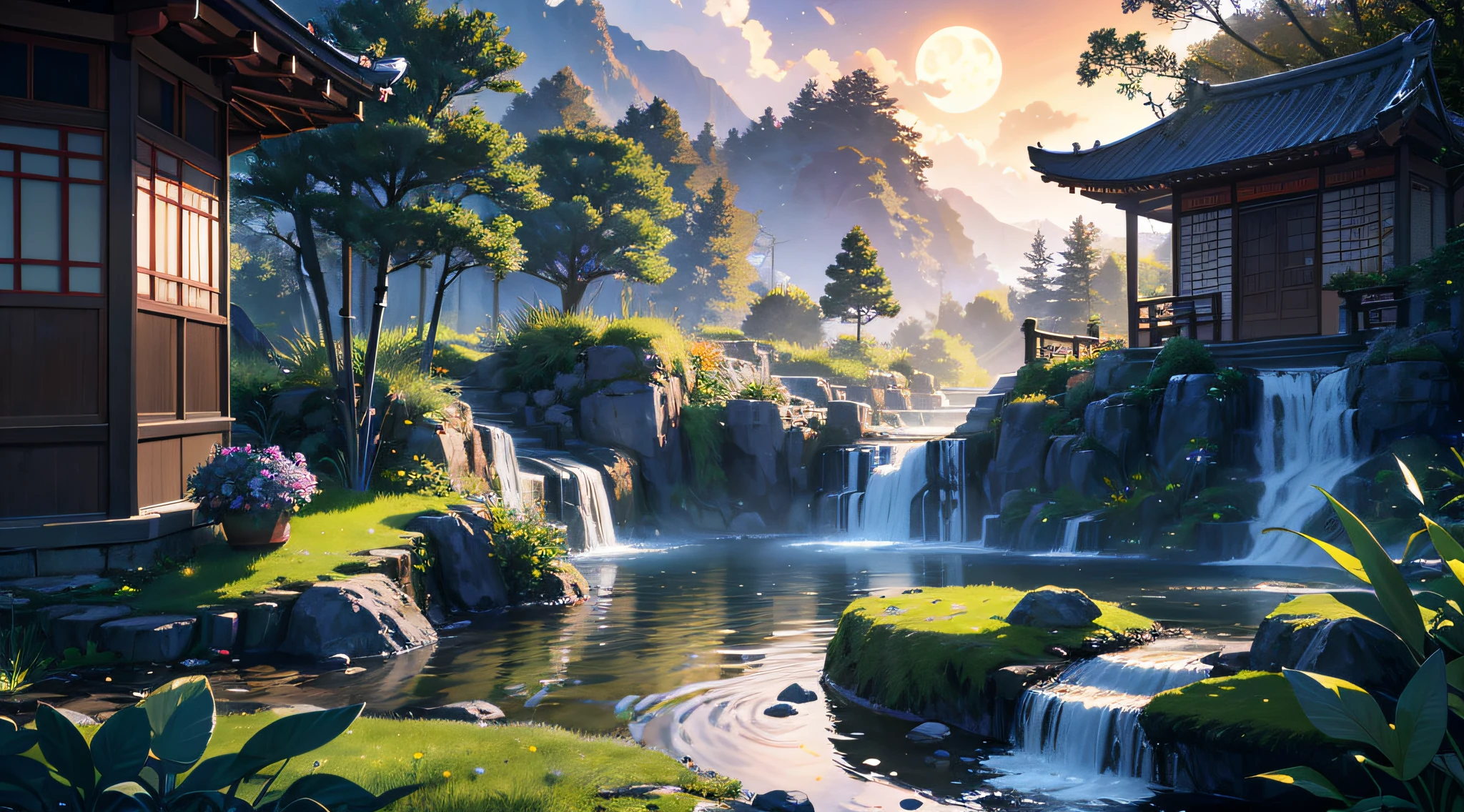 Ancient Chinese architecture, moon, midnight, garden, bamboo, lake, stone bridge, rockery, arch, corner, tree, running water, landscape, outdoor, waterfall, grass, rock, water lily, hot spring, water vapor, (Illustration: 1.0), Epic Composition, Realistic Lighting, HD Details, Masterpiece, Best Quality, (Very Detailed CG Unity 8k) --v 6