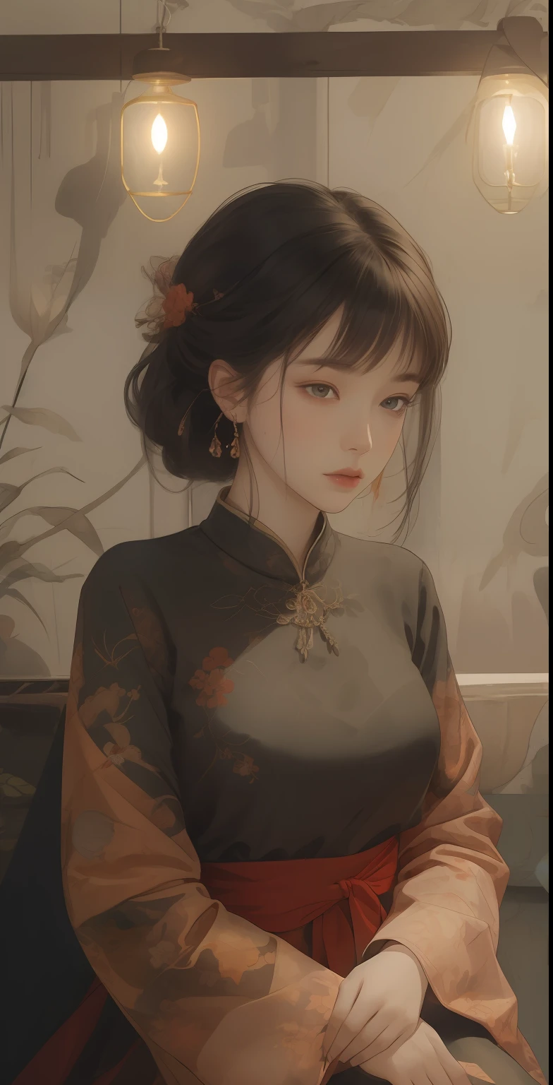 There was a woman,During the Republic of China,Clothing from the Republican period,Wearing a black cheongsam,Black cheongsam,Sit dignified on the sofa,Bunched hair,The eyes are melancholy,Republic of China retro style,Vintage lighting,Light