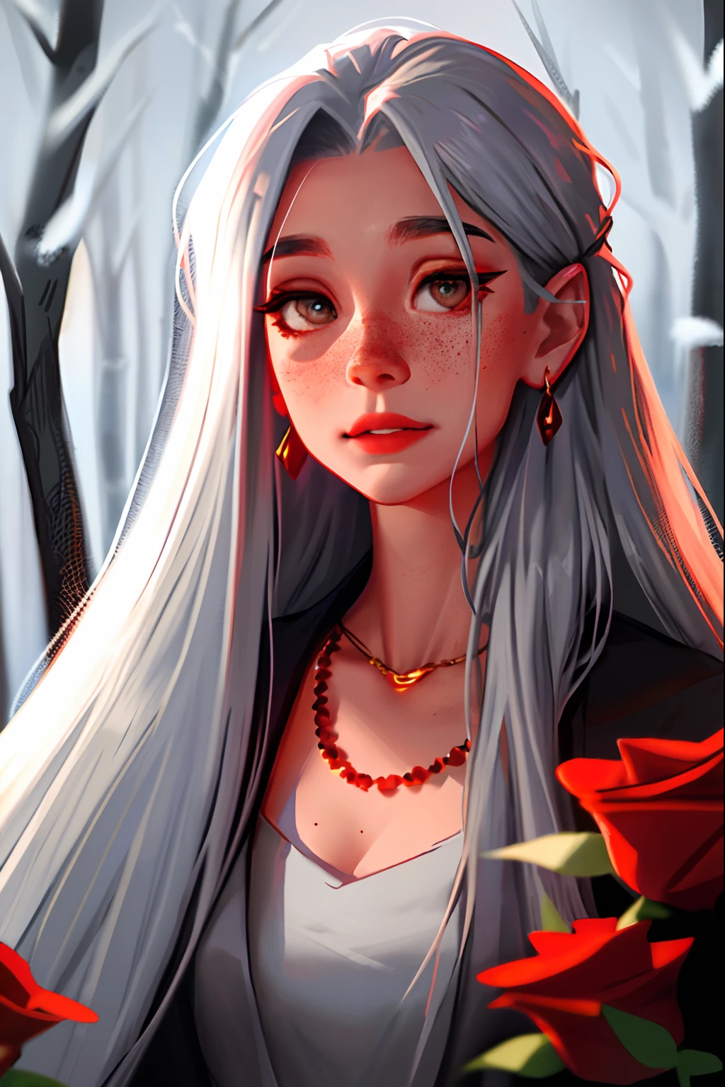 sam yang, 1woman, dress with red roses, grey eyes, silver hair, earrings, freckles, jewelry, lips, straight hair, long hair, looking at viewer, golden necklace, night, depth of field, solo, using magical powers with her hands, forest night background, magic powers ((masterpiece))