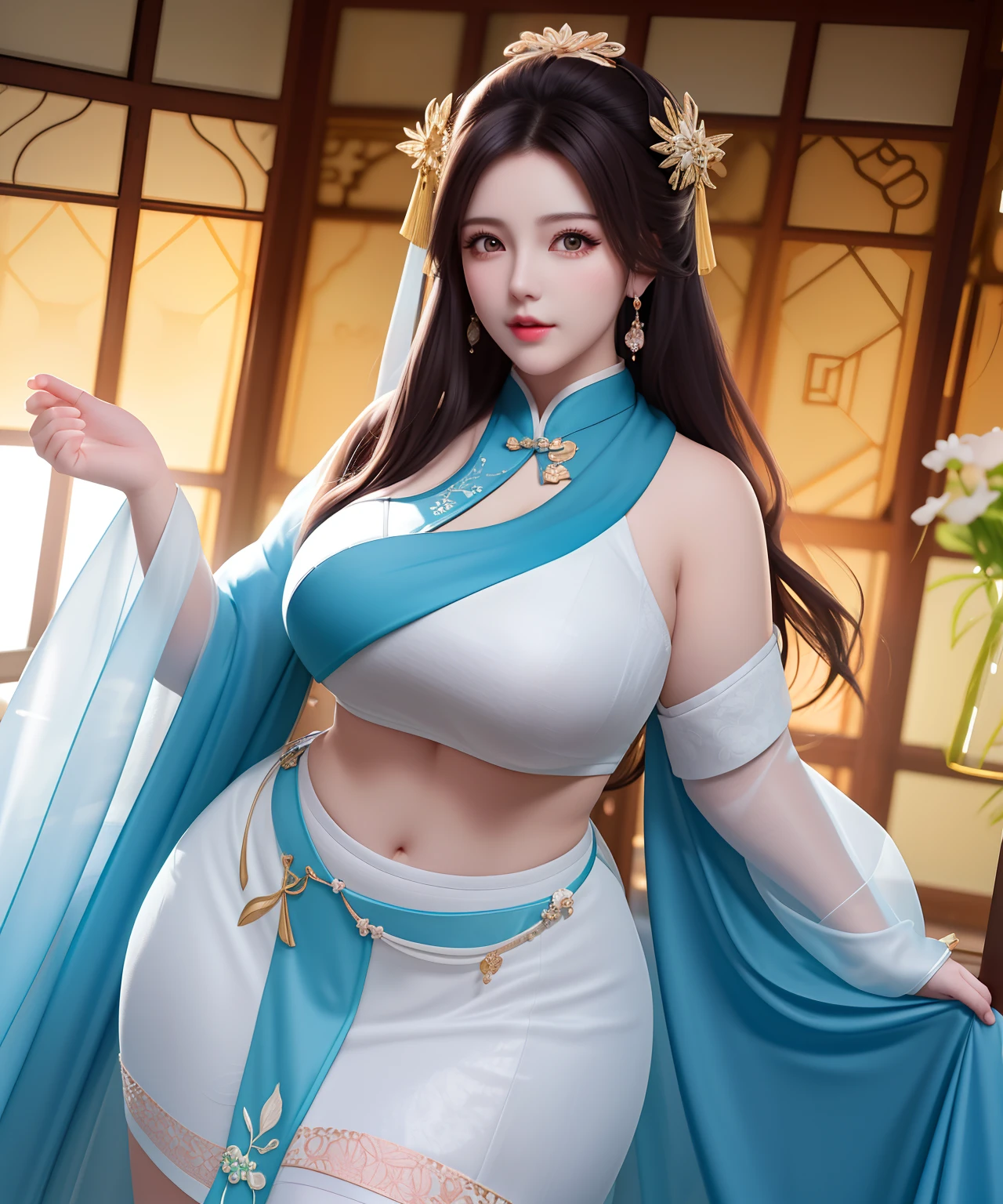 best qualtiy,tmasterpiece,A high resolution,1girl,Porcelain skirt,hair adornments,choker necklace,jewely,beautiful face,Physically,dingdall effect,realisticlying,dark studio,edge lit,twotonelighting,(highdetailskin:1.2),8k uhd, dslr, softlighting, high high quality, volumettic light, sneak shot, photore, A high resolution, 4k, 8k, Background bokeh,incantation(Prompt): Beautiful woman in tulle by the sea,The scarf fluttered,Blue lace scarf,Yang,The background is the sea, thicc, beautiful thick female, beautiful curvy female, Thick body, clear curvy details, curvy hourglass figure, thick thigs, alluring plus sized model, bbwchan, Voluptious body, Curvy model, Curvy body, Angela White, she has a jiggly fat round belly,Yoga posture
Model: Style model(Chinese photo)