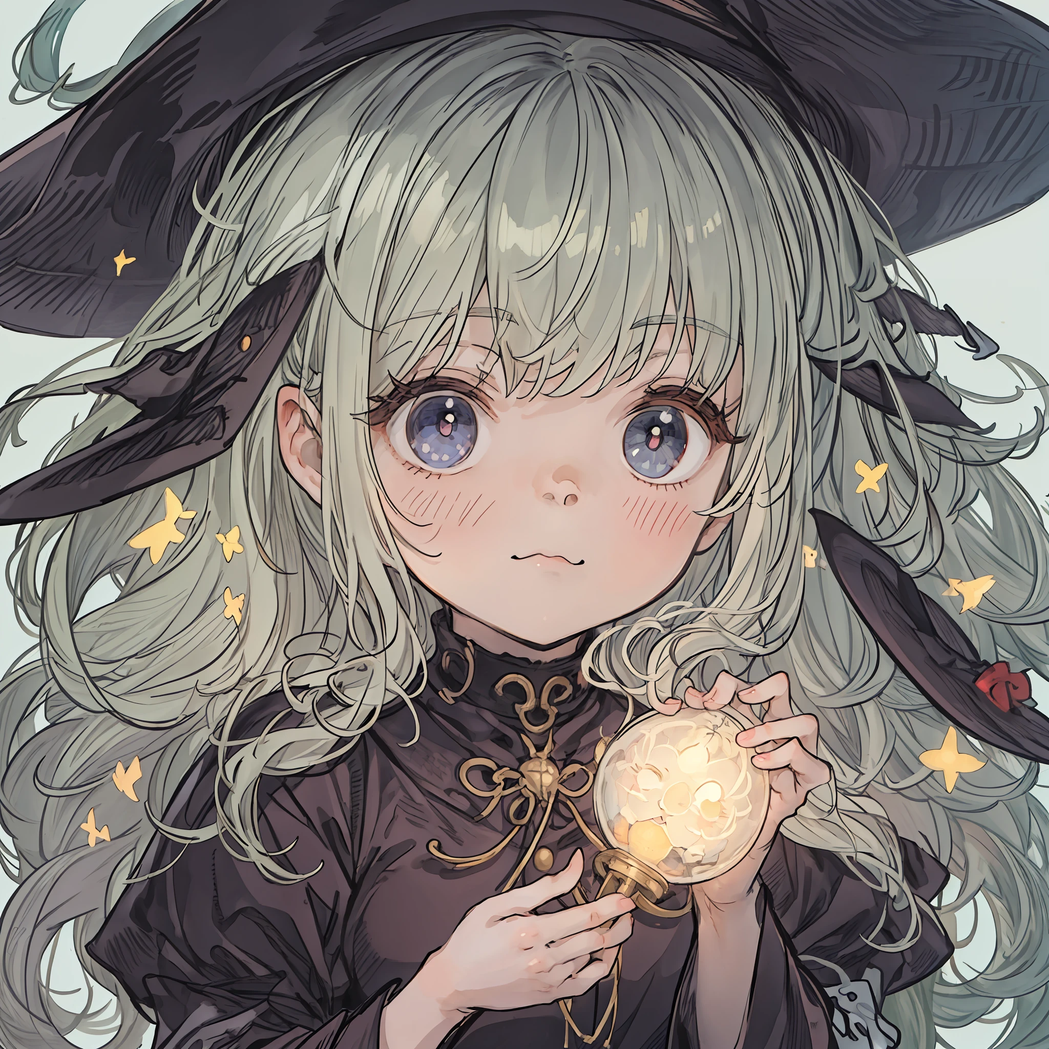 witch, magic, light up, pop up, round face, loli face, small eyes, hair over one eye