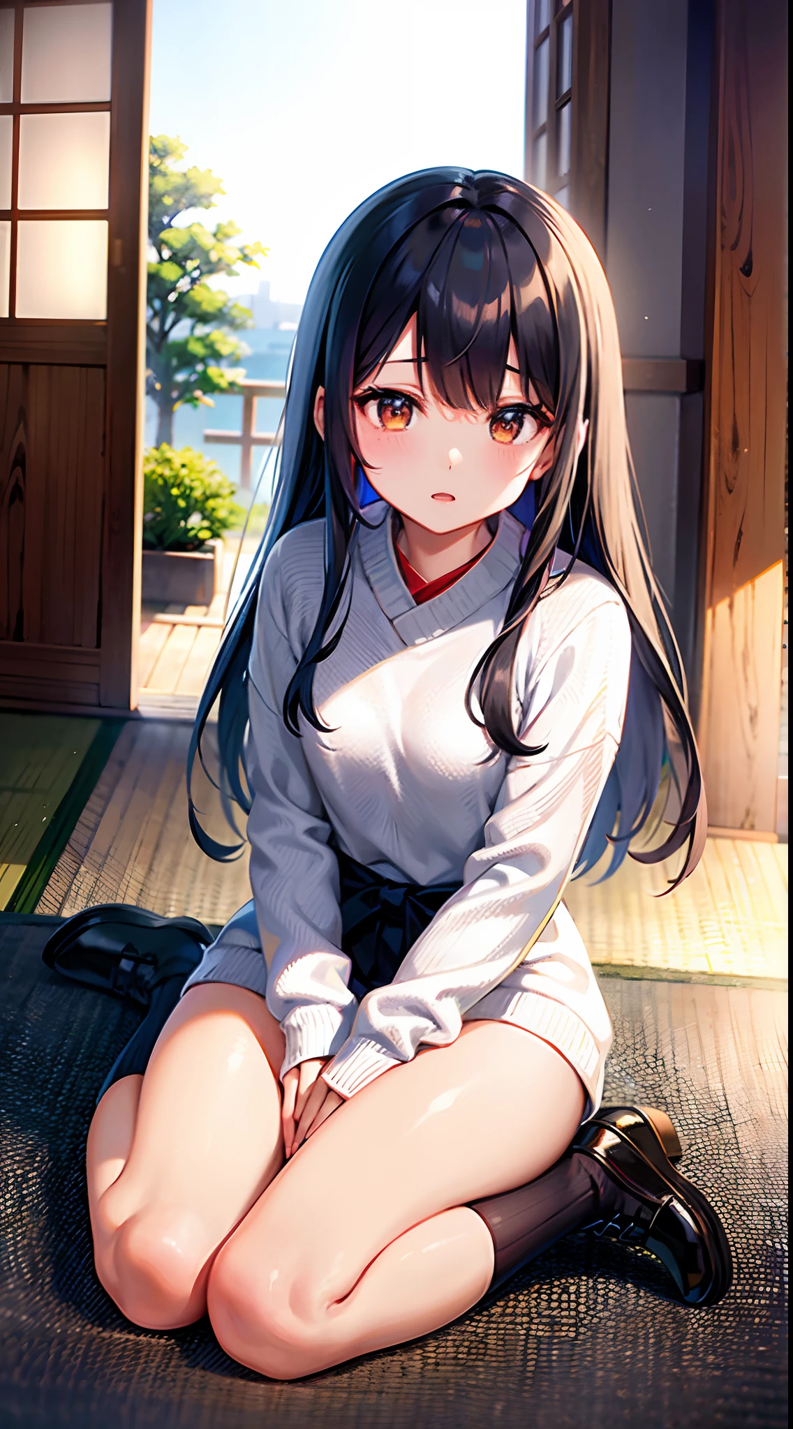 top-quality、超A high resolution、 1 人、knit、Sweaters、cute little、Japanese ido、(attractiveness:1)、(Platinum Black Hair:1)、((Puffy eyes))、Looking for the observer side、full body Esbian、facing the front there