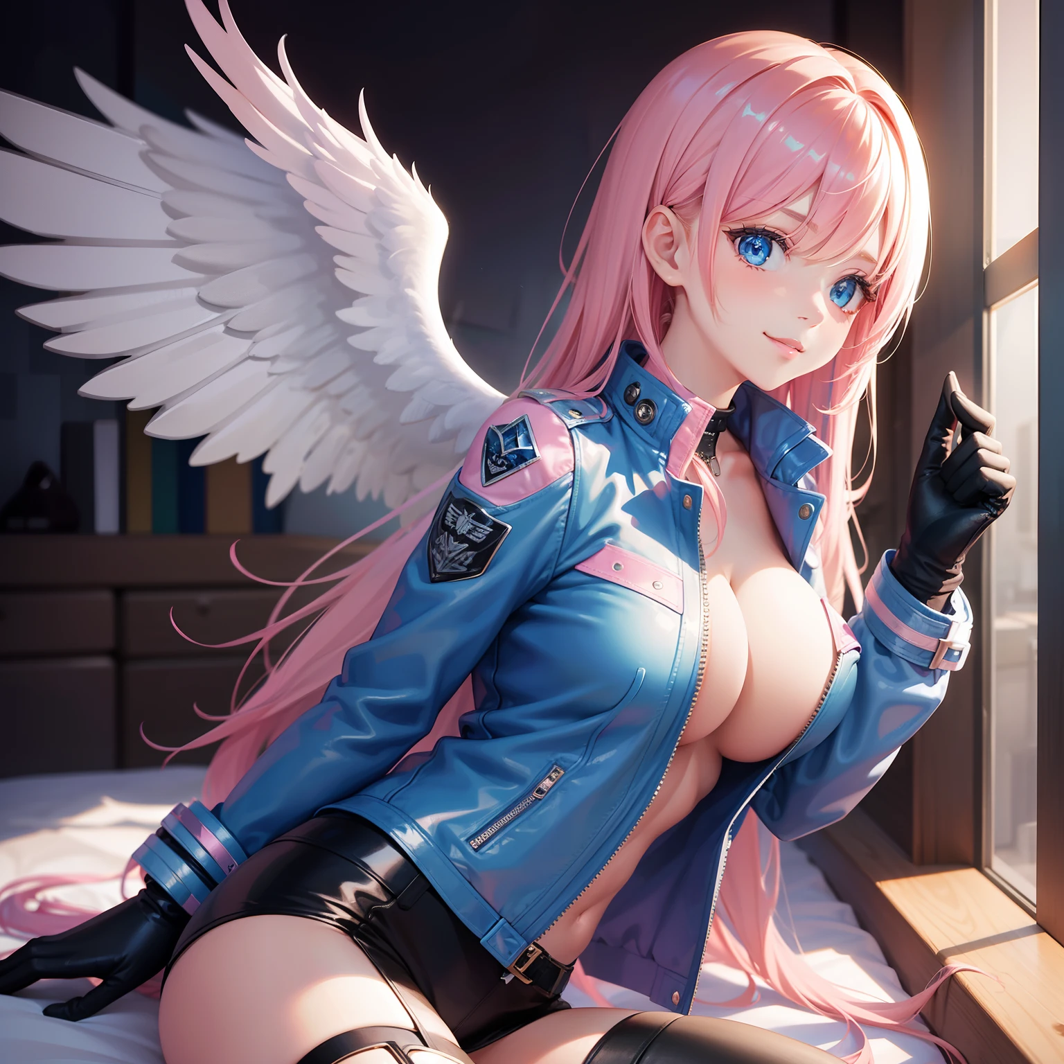 Girl with angel wings A smile leather jackets top-quality beautiful a girl Beautie Colossal tits 超A high resolution masterpiece blue eyess Pink hair Blonde hair
