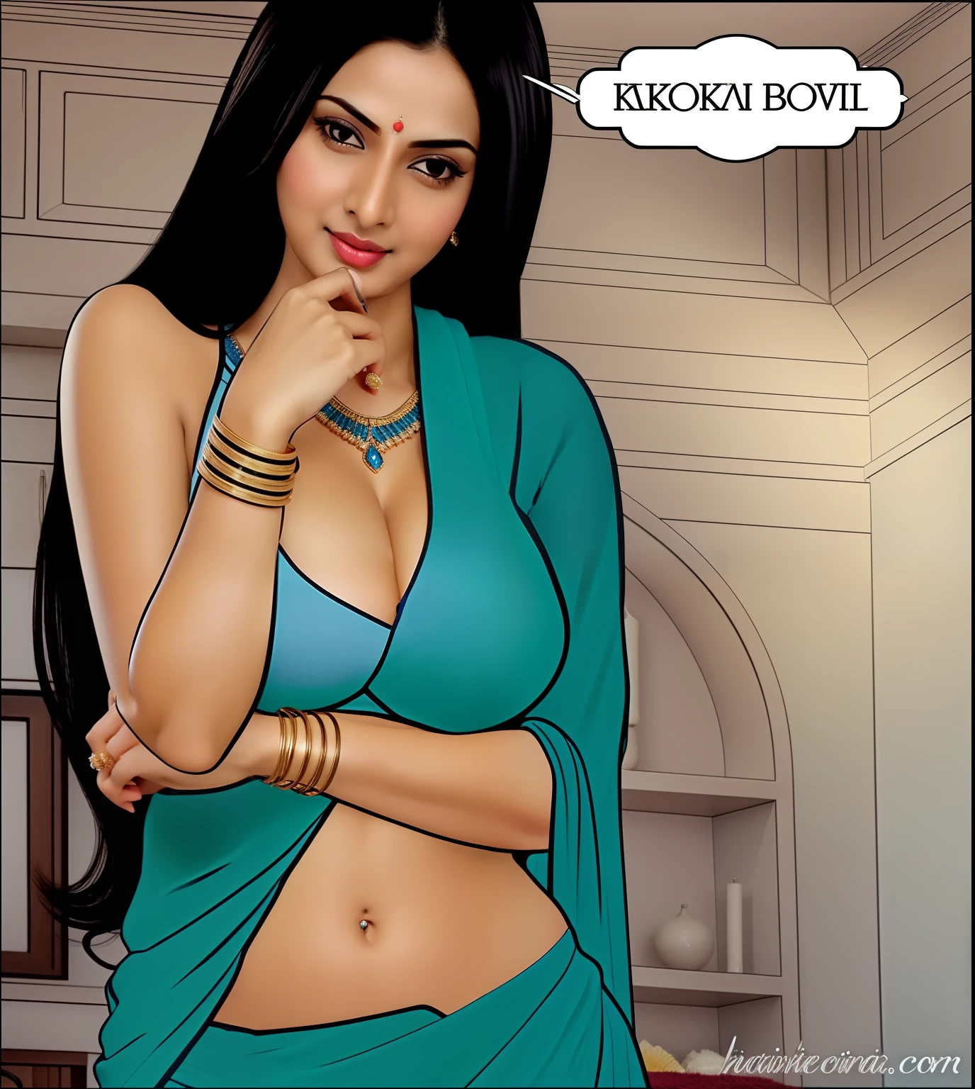 Make it real, realistic savita bhabhi deep navel sexy cleavage ornaments, blue saree, light blue bra, thinking