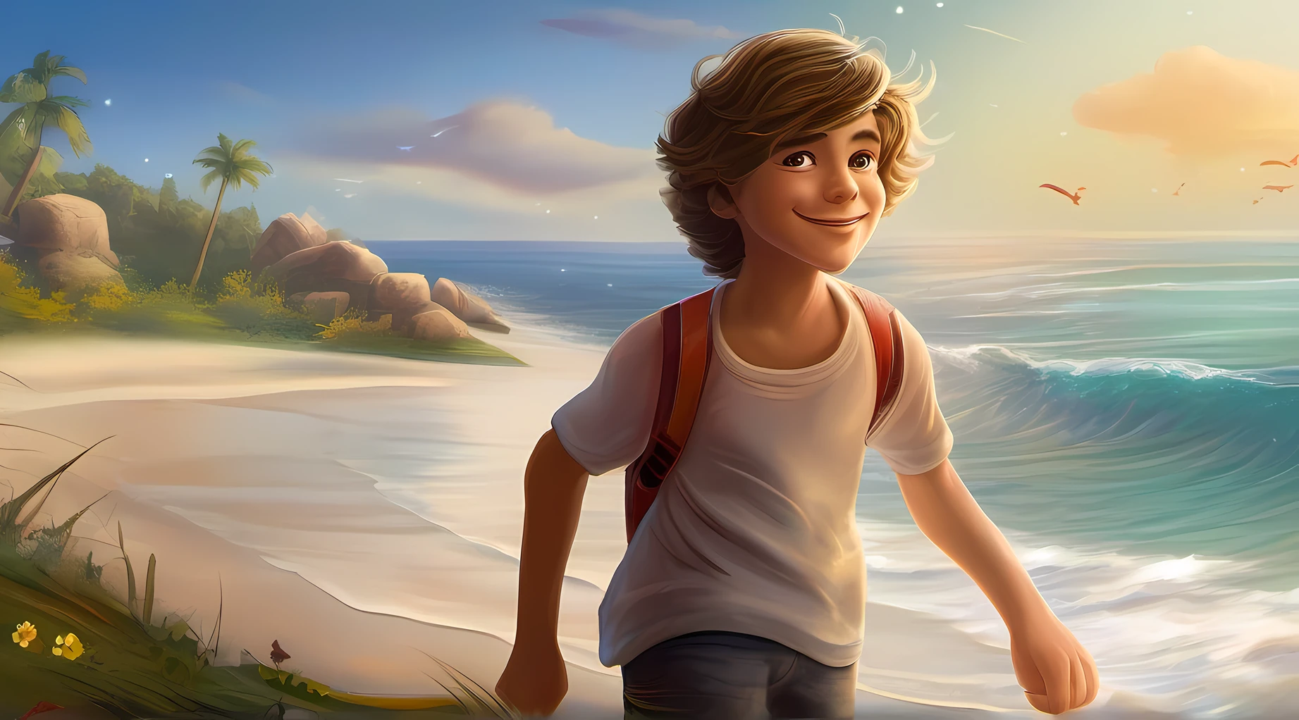 Children's story style, imagem realista, obra prima, personagem masculino de 15 anos chamado Jack, cabelos curtos, olhos castanhos, sorridente, Detail in the hands, feliz, corajoso, cores naturais, curioso e adorava explorar o mundo ao seu redor, em seu quintal, 8k, UHD, HD