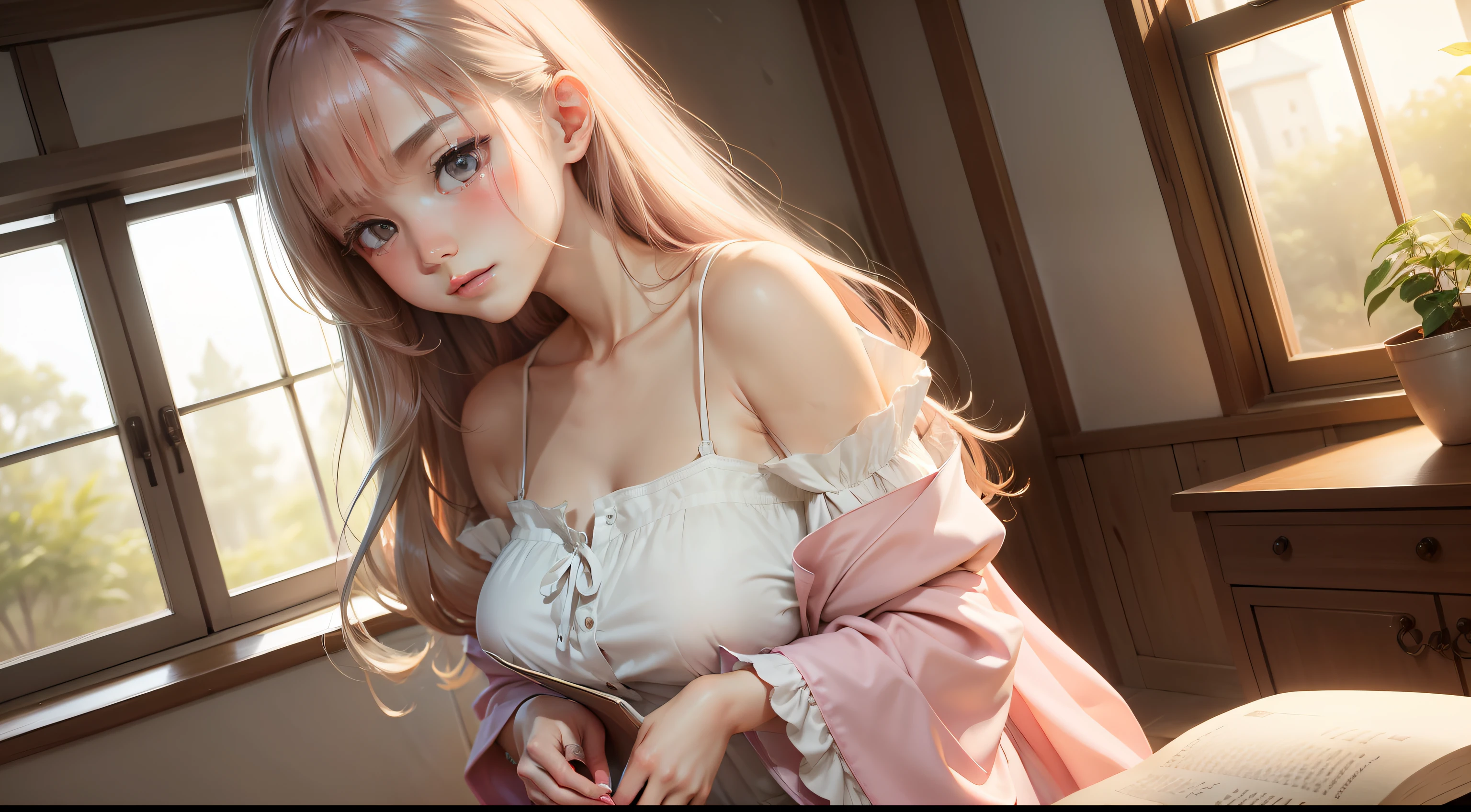 huge tit，girl in a pastel pink dress，The soft cloth gently flutters。The skirt has a simple neckline，Slightly exposed collarbone，Cosy atmosphere。Shyly bowed his head，Medium-long hair hangs gently over the shoulders，Cover part of your face，A gentle breeze。Book in hand，Focus on reading，The eyes are quiet and serene。Fingers turn the pages，Nail fingers are light nail polish，Slightly diffuse and fragrant。Sunlight shines through the windows，Soft smiles，The whole world is warm。