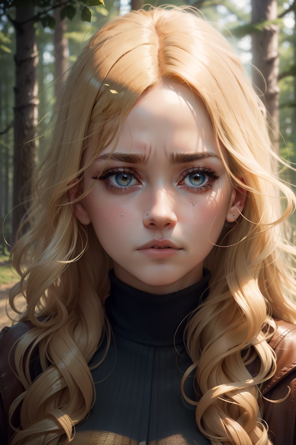 a woman with curly and blond hair, her face shows sadness and with a tear running down her face, ultra realistic and with a background of forest in the background
