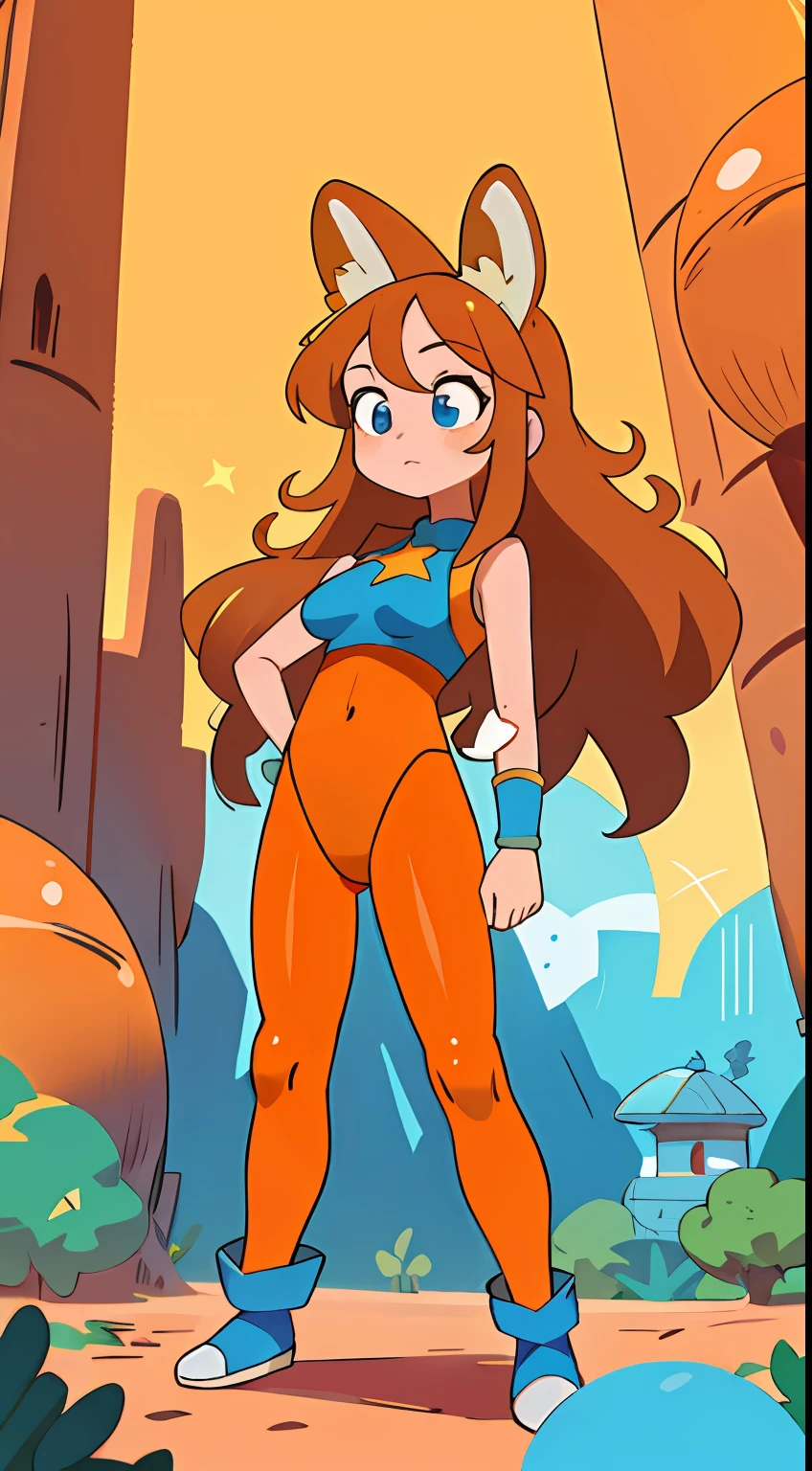 (absurdres, highres, ultra detailed), 2d, anime, 1girl, long legs, full body, orange skin, mature female with large breasts, camel toe, orange very long hair, blue eyes, white pupil, hero, sleeveless blue spandex bodysuit, long orange rabbit ears, finely detailed eyes and detailed face, cowboy shot, vibrant colors, star motif, good composition, standing in a fantasy desert village, buildings, small dinosaurs in background, poster high quality