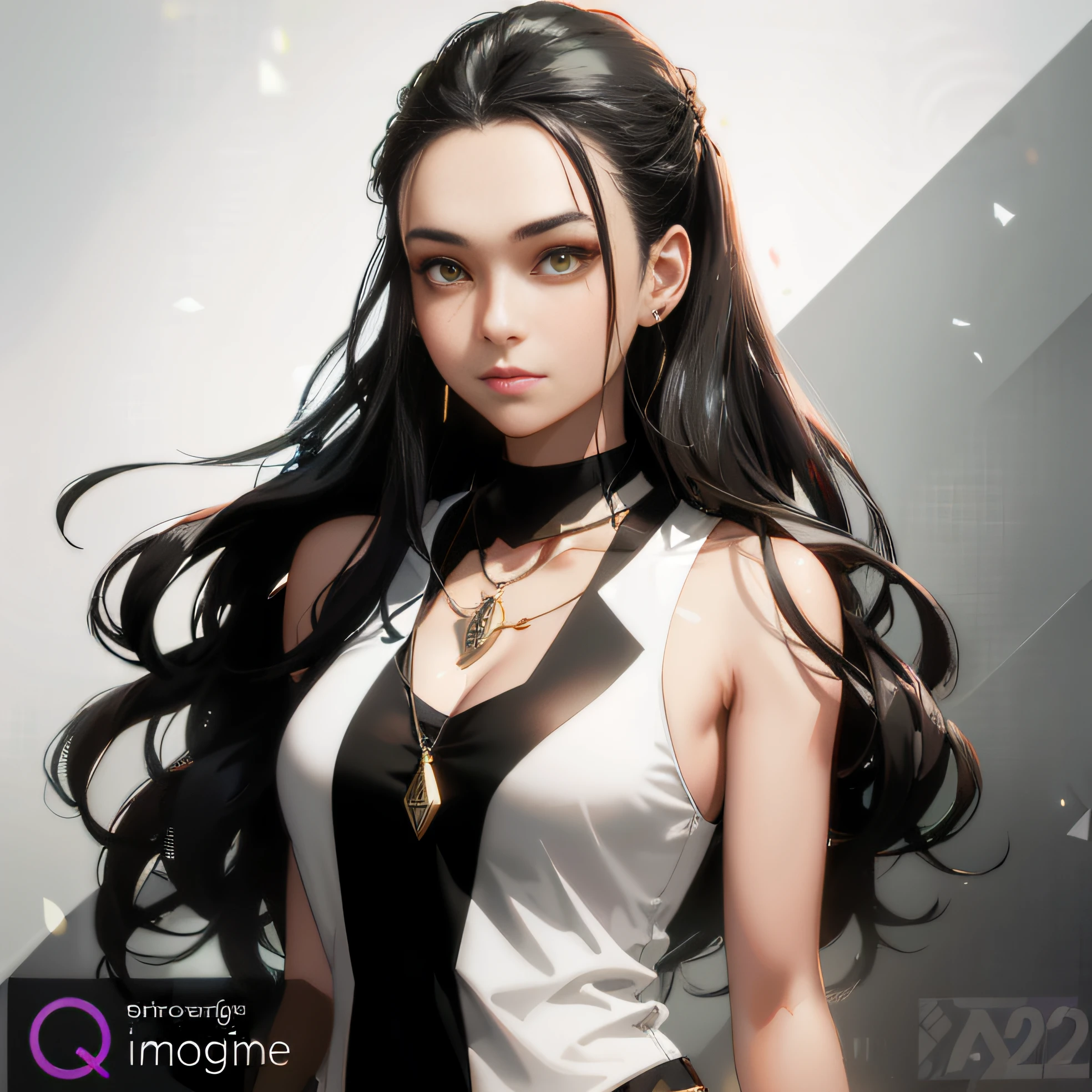 18-22 year old young woman with long black hair tied back with yellow eyes wearing a black sleeveless shirt and a silver pendant around her neck, black hair tied back, silver pendant, comic style, shading, character, big angular, full body, defined body, black sleeveless shirt, tied black hair, beautiful detailed yellow eyes, beautiful detailed face, dynamic pose, perfect shading, cinematic composition, elaborate, soft studio lighting, octane rendering, cinematic lighting, hdr , 8k --q 2 - - v 4