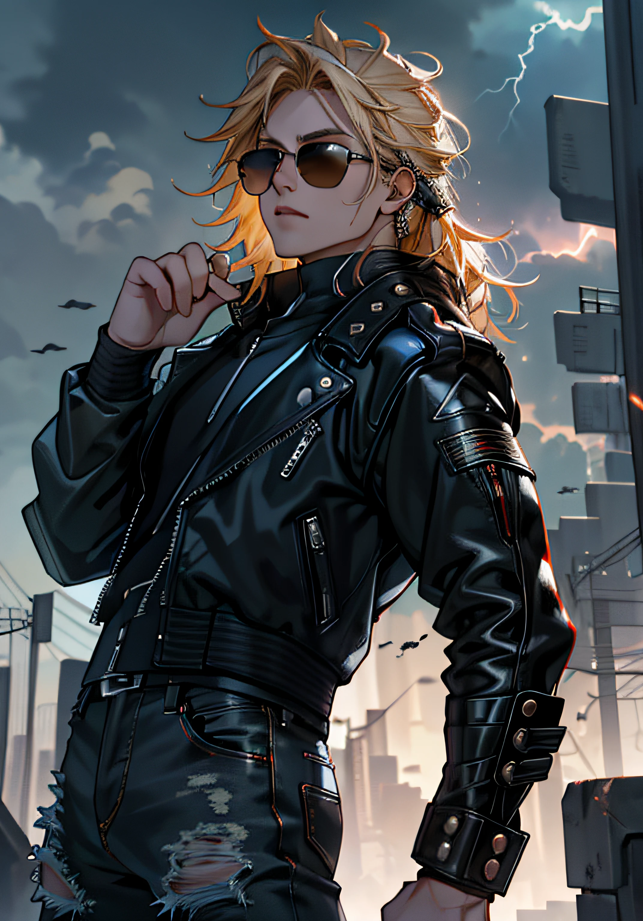 ((Melhore o rosto)), ((piece of master, obra prima, melhor qualidade)), ultra detalhado 8k, Absurdo, 1 Thor masculino, Solo wearing a studded motorcycle jacket and black jeans, (Posar: Metallica), with sunglasses, with a guitar in his hands in the shape of a lightning bolt, raios ao redor de si, thunders, thunders , cabelo blond, cabelo longo, roupas pretas, vestes pretas, Nebula and smoke, Pano preto, both hands together holding a lightning bolt, a thunderclap, tempo fechado, tempo nublado, Tempo escuro, Cidade, raios ao redor , com o planeta terra no fundo, and lightning in the hand