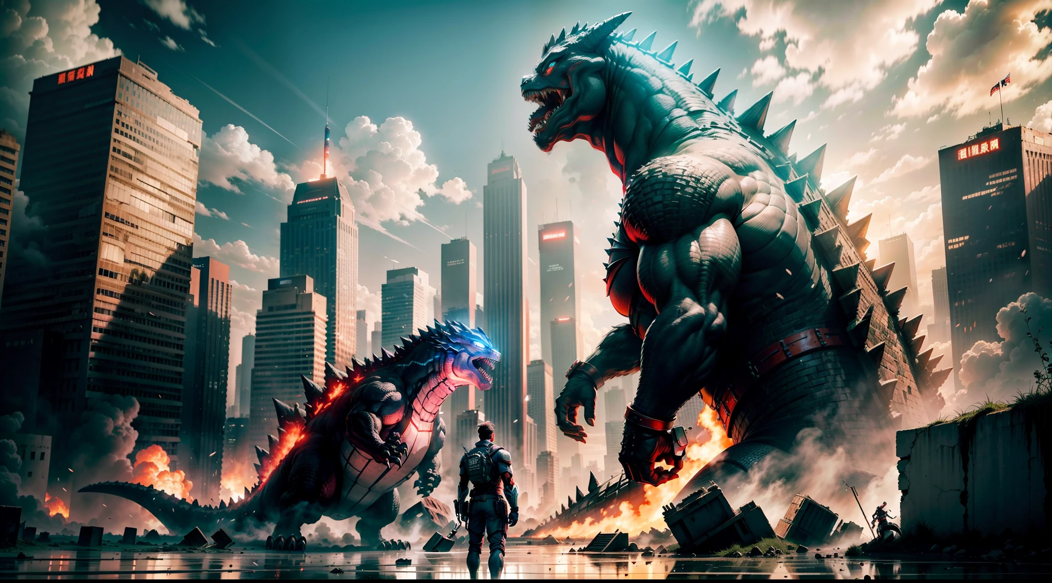 best qualtiy, tmasterpiece, 超高分辨率, (realisticlying:1.5), RAW photogr, In the ruins of the city,A building,Godzilla fights with Digga Ultraman,smooggy,panoramic photo,depth of fields