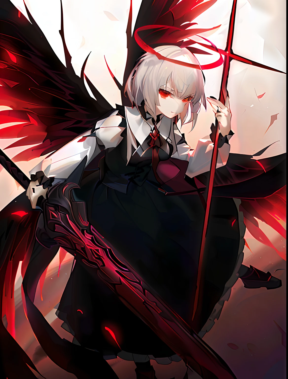 anime big breast, Red wings, black gown, Damascus long sword, style of anime, gothic maiden, Red glowing eyes, fate style,  The character Lumia in the Oriental Project characters