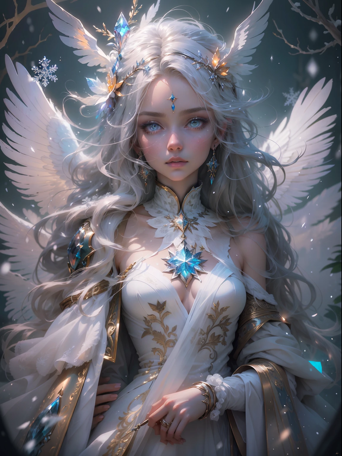 (((masterpiece))), (((best quality))), ((ultra-detailed)),(highly detailed CG illustration), ((an extremely delicate and beautiful)),cinematic lighting. This is a realistic fantasy artwork with contrasting colors and a very mysterious aura. Generate a pure white woman with ((pure white skin)), metallic hair, and bold, colorful eyes. (((Her skin is whiter than snow))). Her face is extremely detailed with realistic shading and her eyes are extremely detailed with absurdly high resolution and bright, bold colors. She has soft, puffy lips. Include many fantasy details such as soft white feathers, beautiful French silk, delicate embroidery, snow, iridescence detailing, phantasmal iridescence detailing, and glitter. Include moonlight, snowflakes, and winterscapes. The character in the artwork is a delicate but strong petite figure with an aura of mystery and magic. The character's clothing should be designed with gossamer feathers, silk, stunning embroidery, and subtle iridescent details. Incorporate dreamy colors, dynamic lighting, and detailed background elements to create a sense of awe and immersion.  Consider the latest trends in fantasy art, such as incorporating unique lighting effects, exploring dynamic and compelling composition techniques, and experimenting with unique color palettes. Take inspiration from the top artists on ArtStation and Midjourney. Camera: Choose an angle that highlights the character's beauty and enhances the magical majesty of the artwork. Lighting: Utilize atmospheric lighting techniques to create depth and mood. Resolution: Aim for a high-resolution artwork to showcase intricate details and clarity. Art Inspirations: Seek inspiration from the trending artists on ArtStation, exploring different styles, genres, and themes.