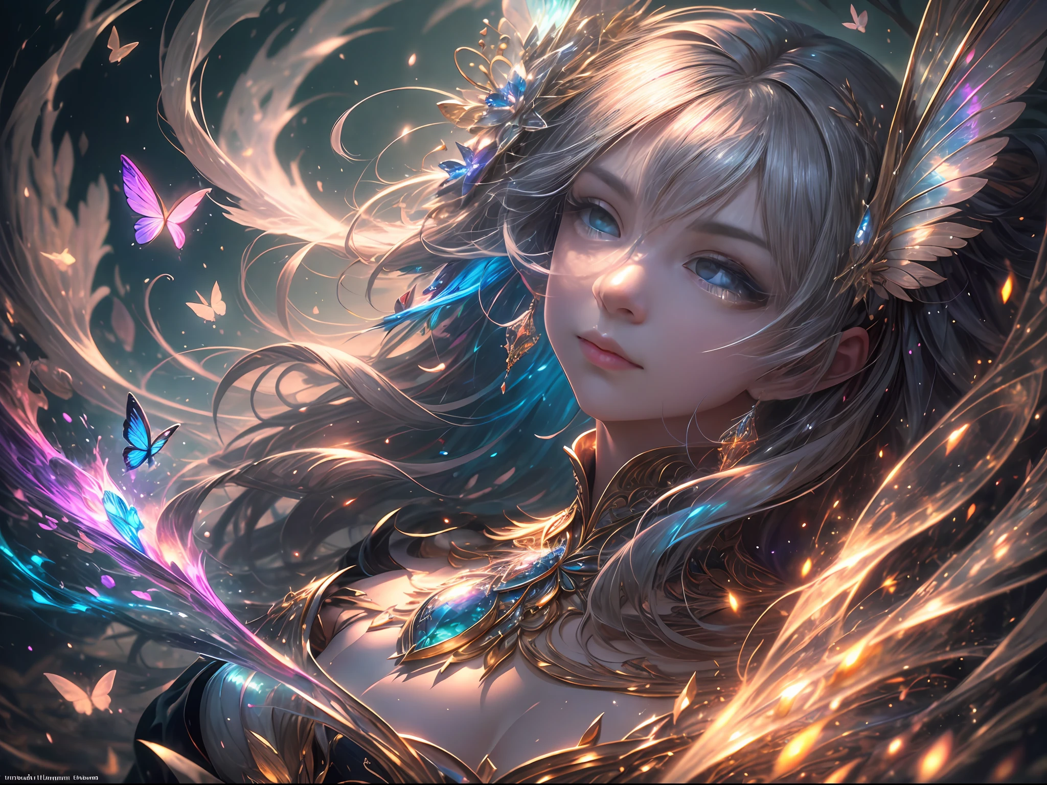(((masterpiece))), (((best quality))), ((ultra-detailed)),(highly detailed CG illustration), ((an extremely delicate and beautiful)),cinematic light, Create a stunning fantasy artwork that mimics the style of currently trending masters of the genre. The art piece should contain elements of both mythic fantasy and fairytale fantasy with colorful accents. The character in the artwork is a delicate but strong figure with an aura of mystery and magic. The character should be petite with subtle breasts. Pay close attention to intricate facial features, such as mesmerizing eyes with vibrant colors and delicate shading. The character's clothing should be designed with gossamer feathers, silk, stunning embroidery, and subtle iridescent details. Incorporate vibrant colors, dynamic lighting, and detailed background elements to create a sense of awe and immersion. Include colorful flying magical birds and jewel-toned butterflies radiating a magical aura. Consider the latest trends in fantasy art, such as incorporating unique lighting effects, exploring dynamic and compelling composition techniques, and experimenting with unique color palettes. Take inspiration from the top artists on ArtStation and Midjourney. Camera: Choose an angle that highlights the character's beauty and enhances the magical majesty of the artwork. Lighting: Utilize atmospheric lighting techniques to create depth and mood. Resolution: Aim for a high-resolution artwork to showcase intricate details and clarity. Art Inspirations: Seek inspiration from the trending artists on ArtStation, exploring different styles, genres, and themes.