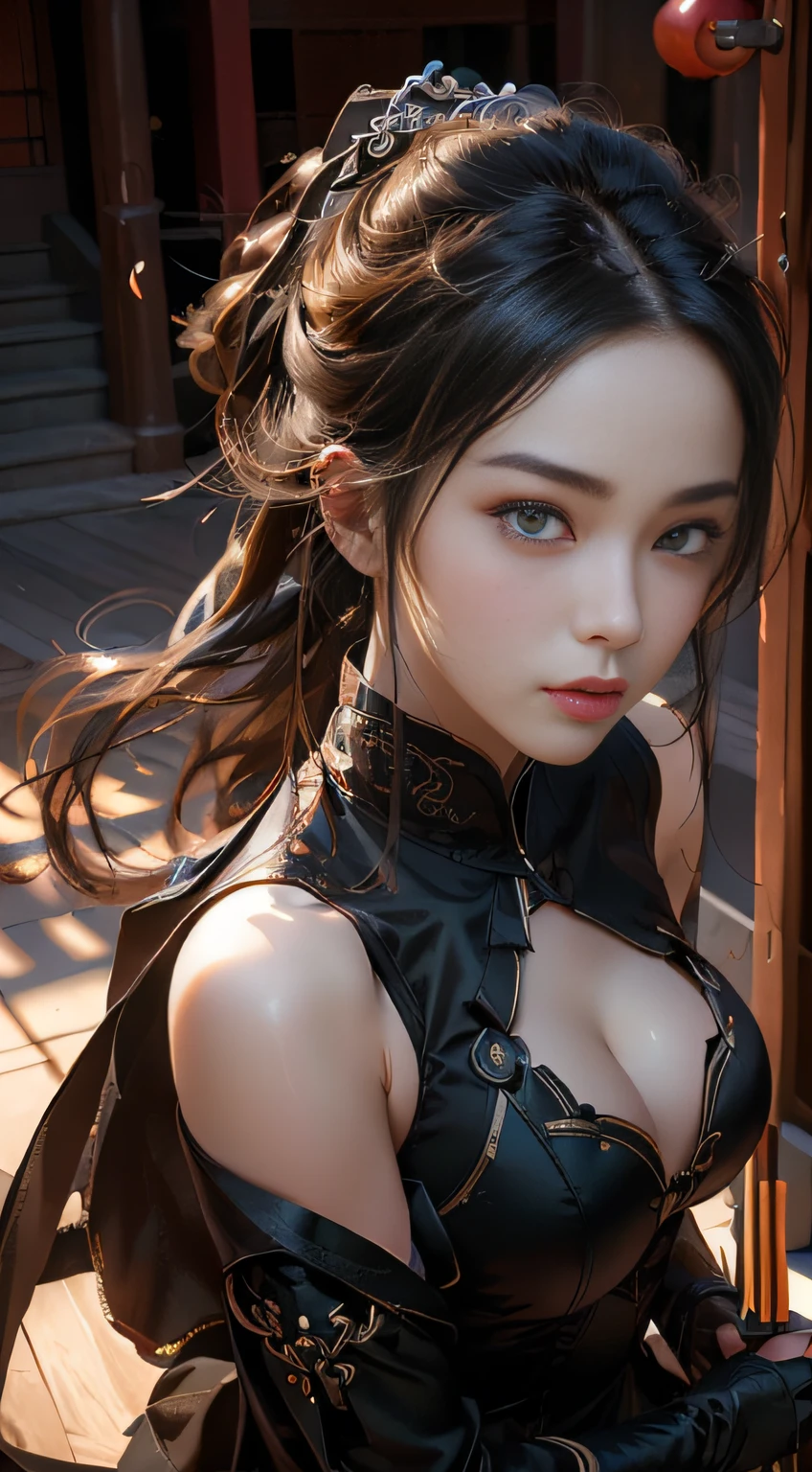 Best quality,masterpiece,ultra high res,(photorealistic:1.4),xiuxian,weapon,Detailed face,.1girl,solo,weapon,cleavage,(magic circle:1.2),xiuxian,upper body,Beautiful girl,full body,east asian architecture,sheath,architecture  .