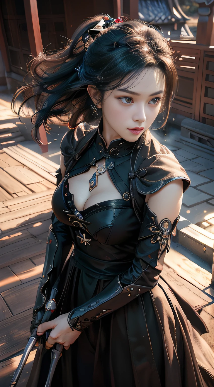 Best quality,masterpiece,ultra high res,(photorealistic:1.4),xiuxian,weapon,Detailed face,.1girl,solo,weapon,cleavage,(magic circle:1.2),xiuxian,upper body,Beautiful girl,full body,east asian architecture,sheath,architecture .