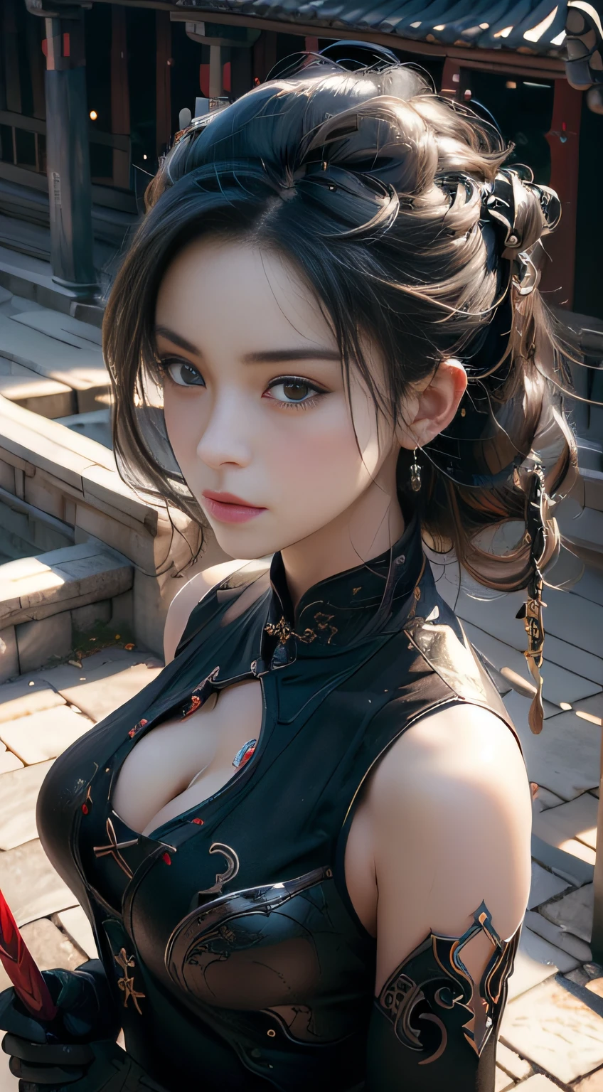 Best quality,masterpiece,ultra high res,(photorealistic:1.4),xiuxian,weapon,Detailed face,.1girl,solo,weapon,cleavage,(magic circle:1.2),xiuxian,upper body,Beautiful girl,full body,east asian architecture,sheath,architecture .