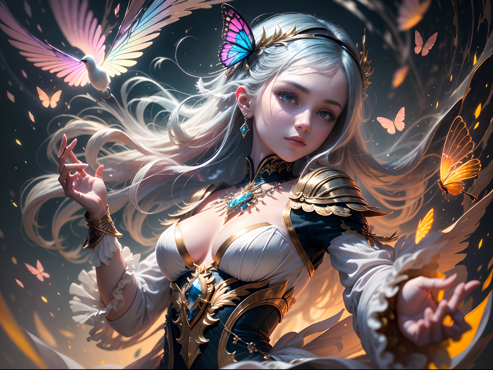(((masterpiece))), (((best quality))), ((ultra-detailed)),(highly detailed CG illustration), ((an extremely delicate and beautiful)),cinematic light, Create a stunning fantasy artwork that mimics the style of currently trending masters of the genre. The art piece should contain elements of both mythic fantasy and fairytale fantasy with colorful accents. The character in the artwork is a delicate but strong figure with an aura of mystery and magic. The character should be petite with subtle breasts. Pay close attention to intricate facial features, such as mesmerizing eyes with vibrant colors and delicate shading. The character's clothing should be designed with gossamer feathers, silk, stunning embroidery, and subtle iridescent details. Incorporate vibrant colors, dynamic lighting, and detailed background elements to create a sense of awe and immersion. Include colorful flying magical birds and jewel-toned butterflies radiating a magical aura. Consider the latest trends in fantasy art, such as incorporating unique lighting effects, exploring dynamic and compelling composition techniques, and experimenting with unique color palettes. Take inspiration from the top artists on ArtStation and Midjourney. Camera: Choose an angle that highlights the character's beauty and enhances the magical majesty of the artwork. Lighting: Utilize atmospheric lighting techniques to create depth and mood. Resolution: Aim for a high-resolution artwork to showcase intricate details and clarity. Art Inspirations: Seek inspiration from the trending artists on ArtStation, exploring different styles, genres, and themes.
