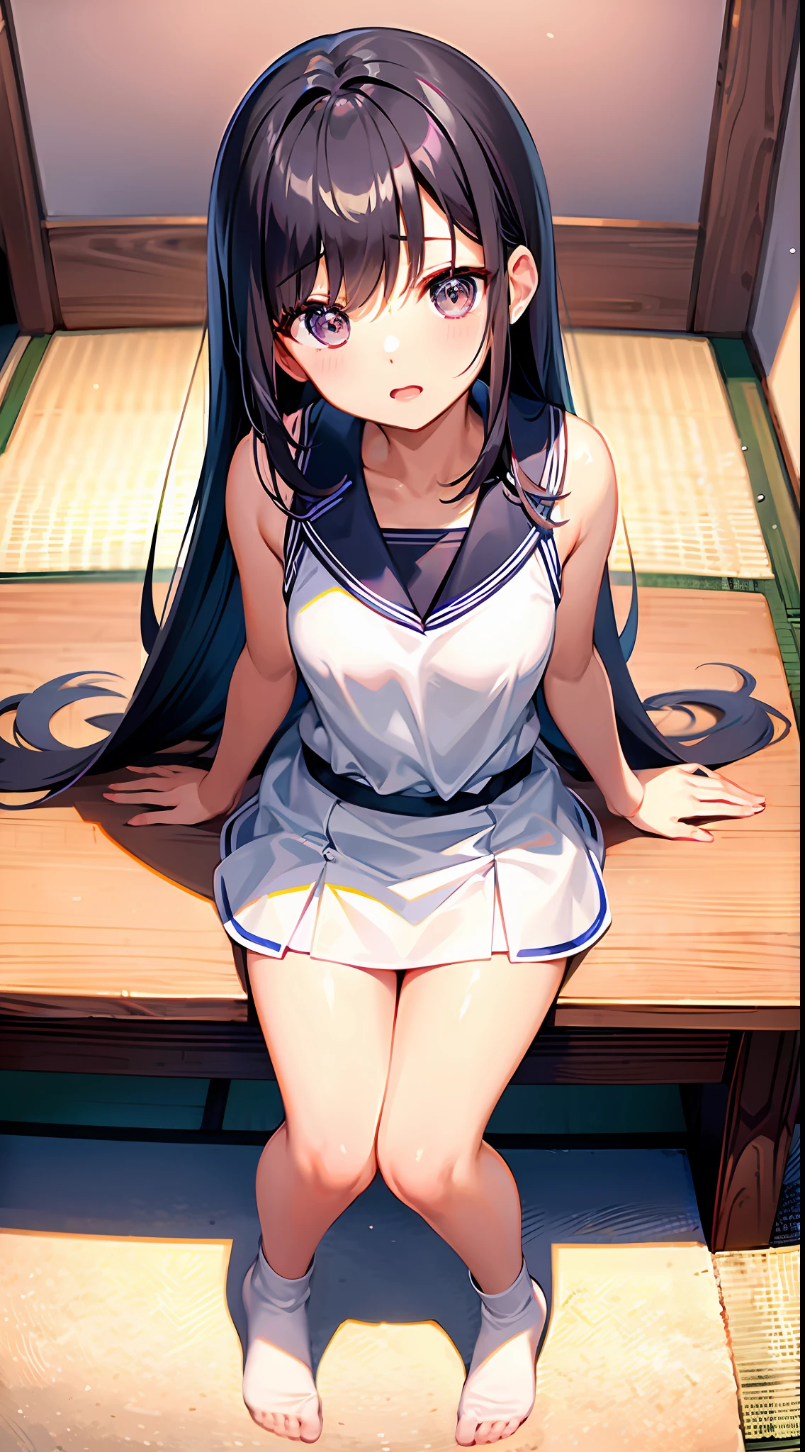 top-quality、超A high resolution、 1 人、White Basketball Uniform、cute little、Japanese ido、(attractiveness:1)、(Platinum Black Hair:1)、((Puffy eyes))、Looking for the observer side、full body Esbian、facing the front there