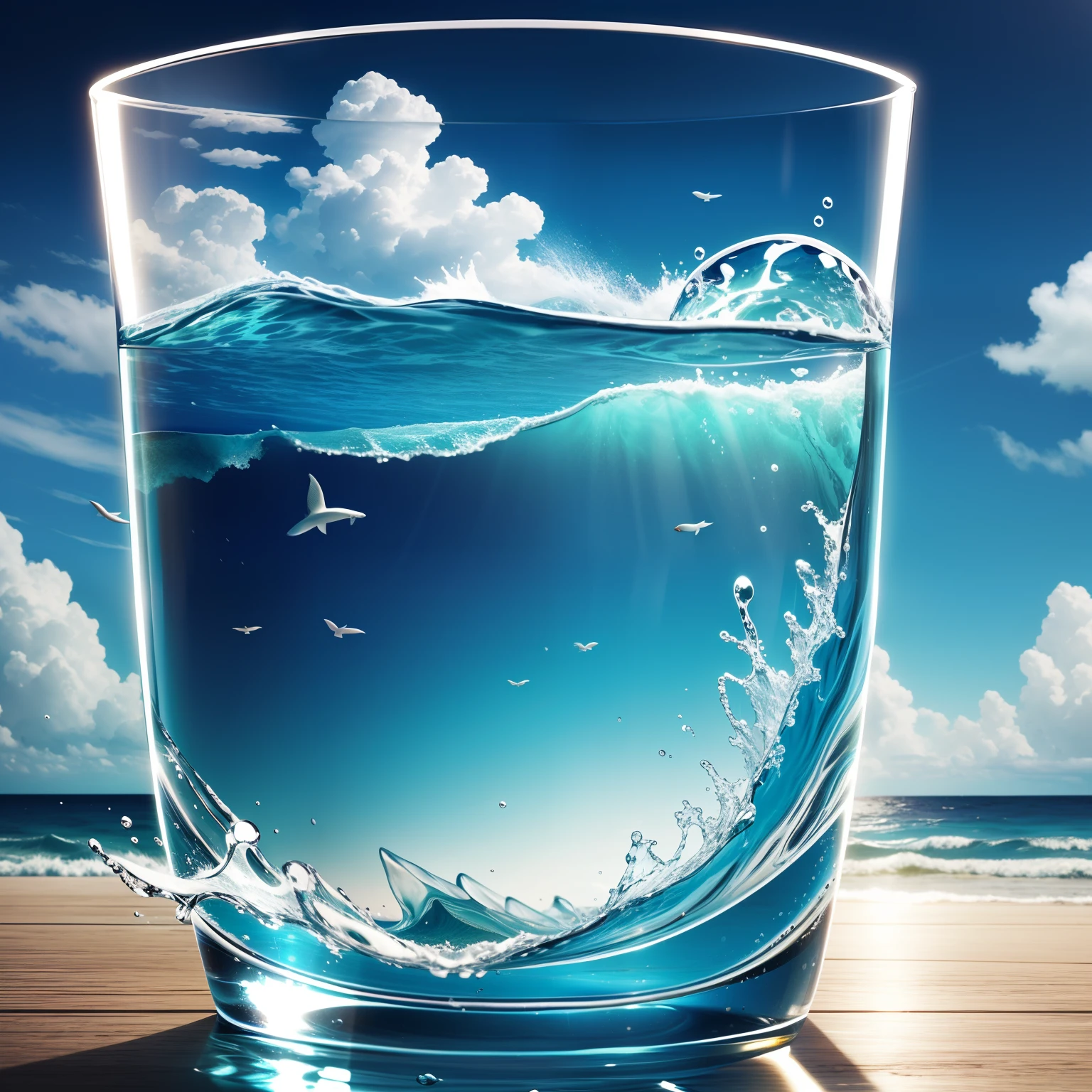 Onda do mar realista, Realistic ocean inside a glass of water,