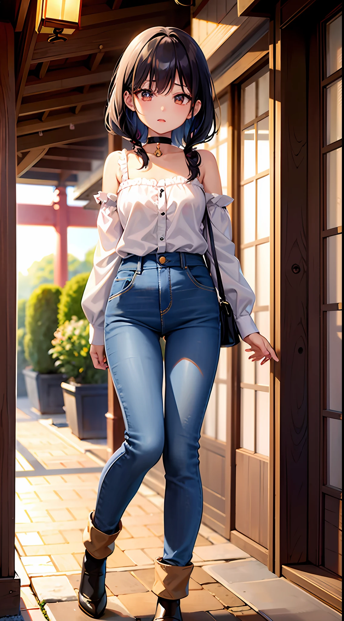 top-quality、超A high resolution、 1 人、denim、Brown shirt、a black choker、cute little、Japanese ido、(attractiveness:1)、(Platinum Black Hair:1)、((Puffy eyes))、Looking for the observer side、full body Esbian、facing the front there