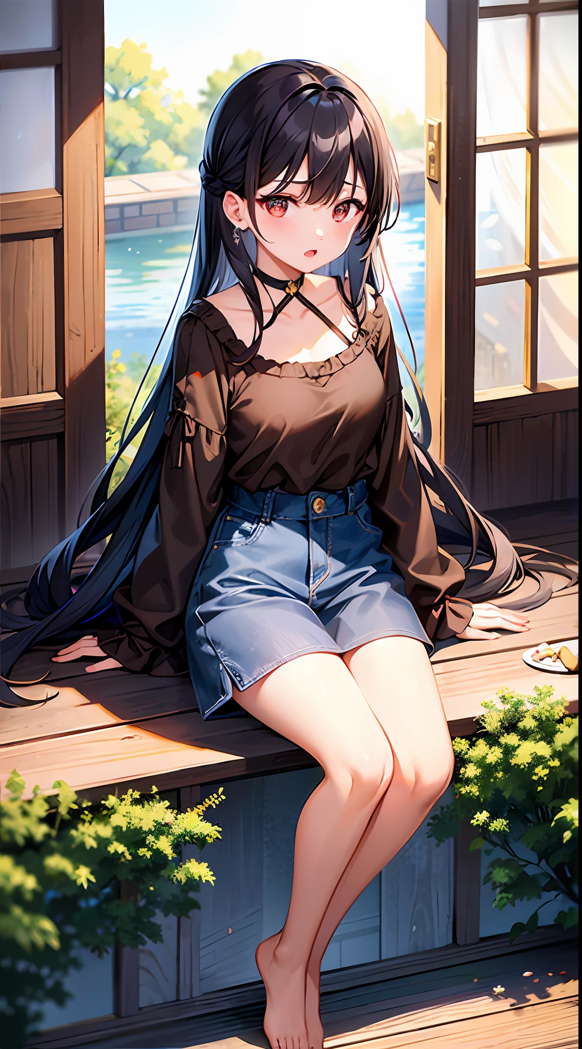 top-quality、超A high resolution、女の子 1 人、denim、Brown shirt、a black choker、cute little、Japanese ido、(attractiveness:1)、(Platinum Black Hair:1)、((Puffy eyes))、Looking for the observer side、full body Esbian、facing the front there