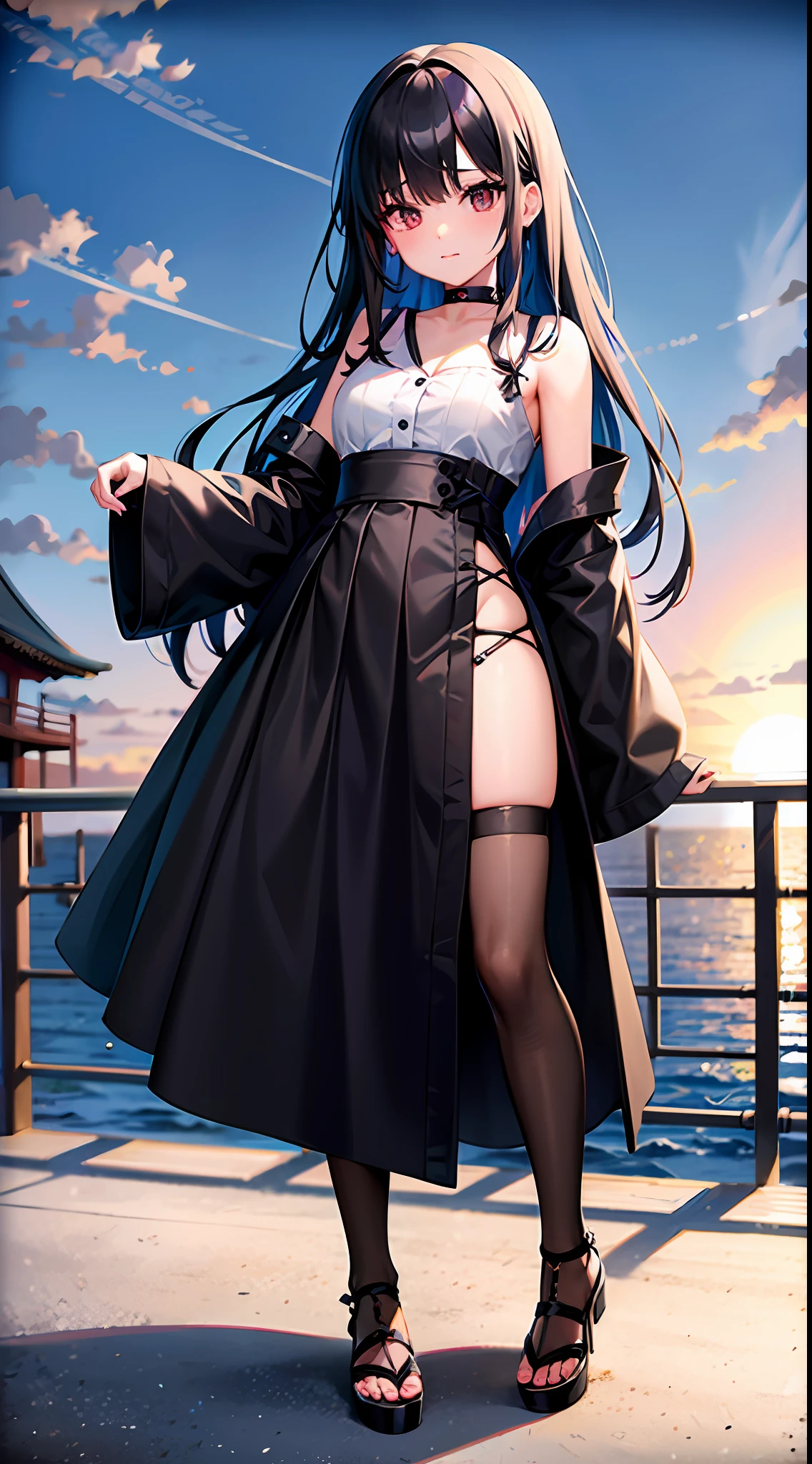 top-quality、超A high resolution、Girl 1 ,、a black skirt、a black choker、cute little、Japanese ido、(attractiveness:1)、(Platinum Black Hair:1)、((Puffy eyes))、Looking for the observer side、full body Esbian、facing the front there