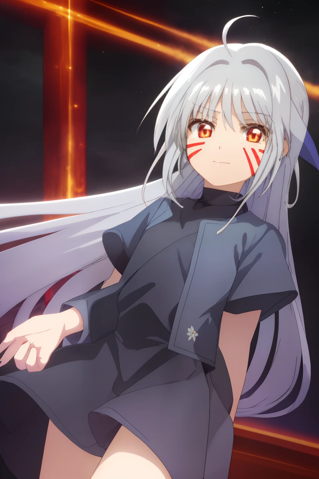 (((simple background))),looking at viewer,standing,staring straight,1girl,(((intricate iris, white hair,redeyes,))),evil smile,black jacket,leotard,inner glowing eyes,reinforce, 1girl,(((silver hair,red facepainting))),cowboy shot,kinomoto sakura, mahou shoujo lyrical nanoha,